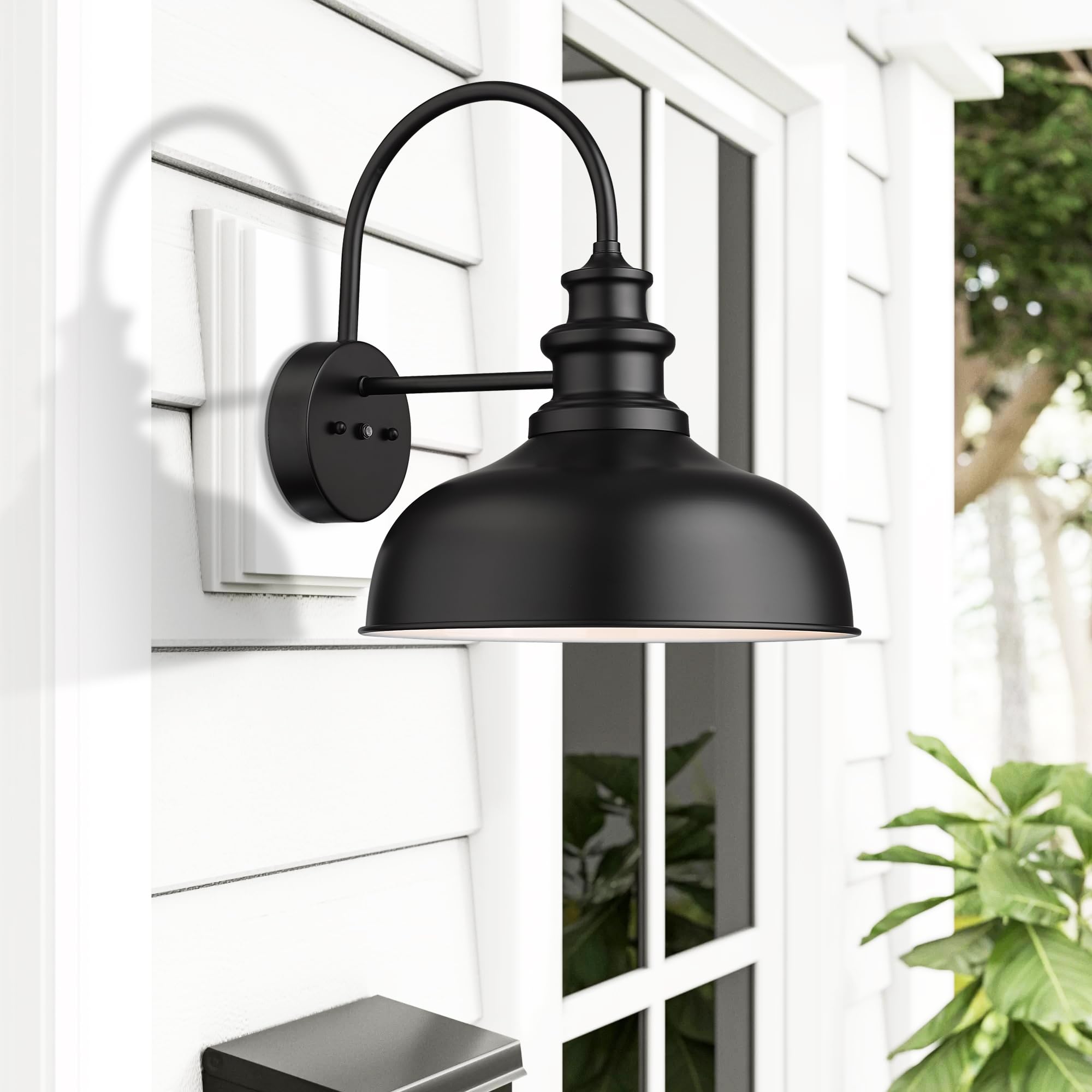Bestshared Gooseneck Barn Light Outdoor Wall Sconce 14” Dome Black+White Metal DDV260-14M-BS