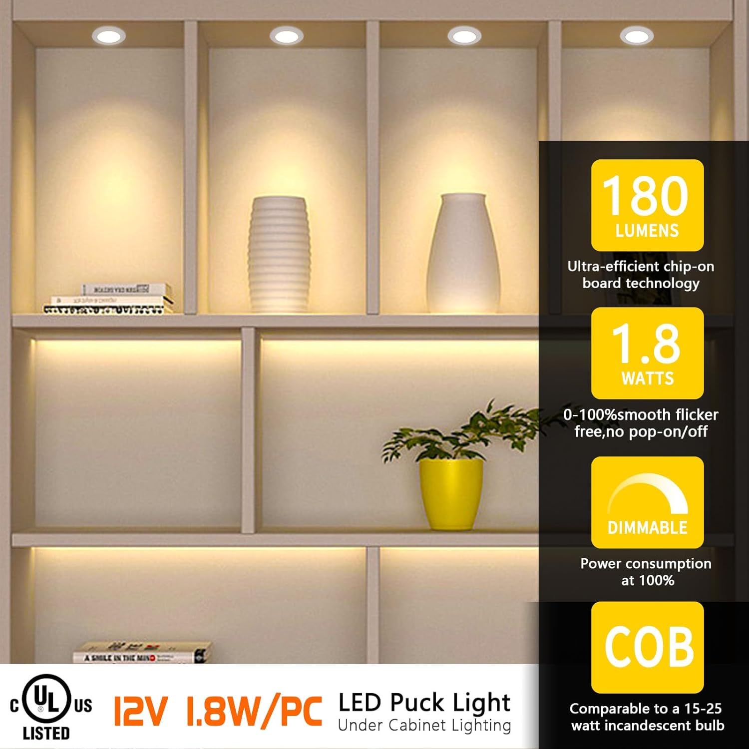 VST LED Under Cabinet Puck Lights, 3000K-6500K, Remote Touch Control, 10-Pack, White, Model PL05-WL-CC-W-10pcs