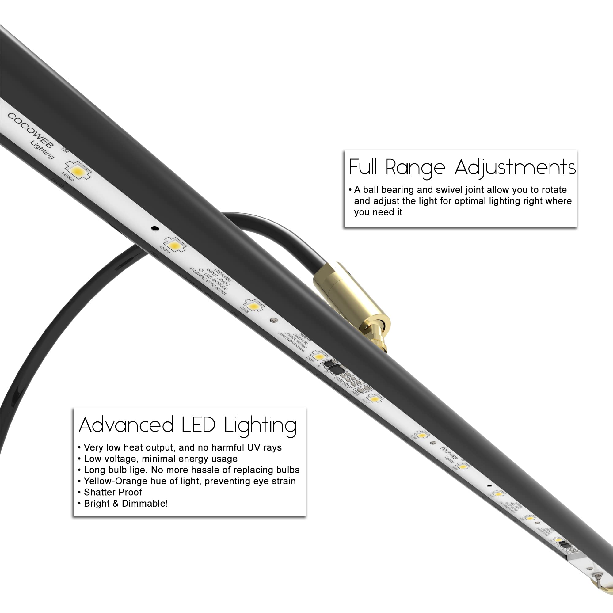 Cocoweb 19&quot; Grand Piano Lamp - Adjustable, Black With Brass Accents, Led Clip-On With Dimmer - Gpled19D