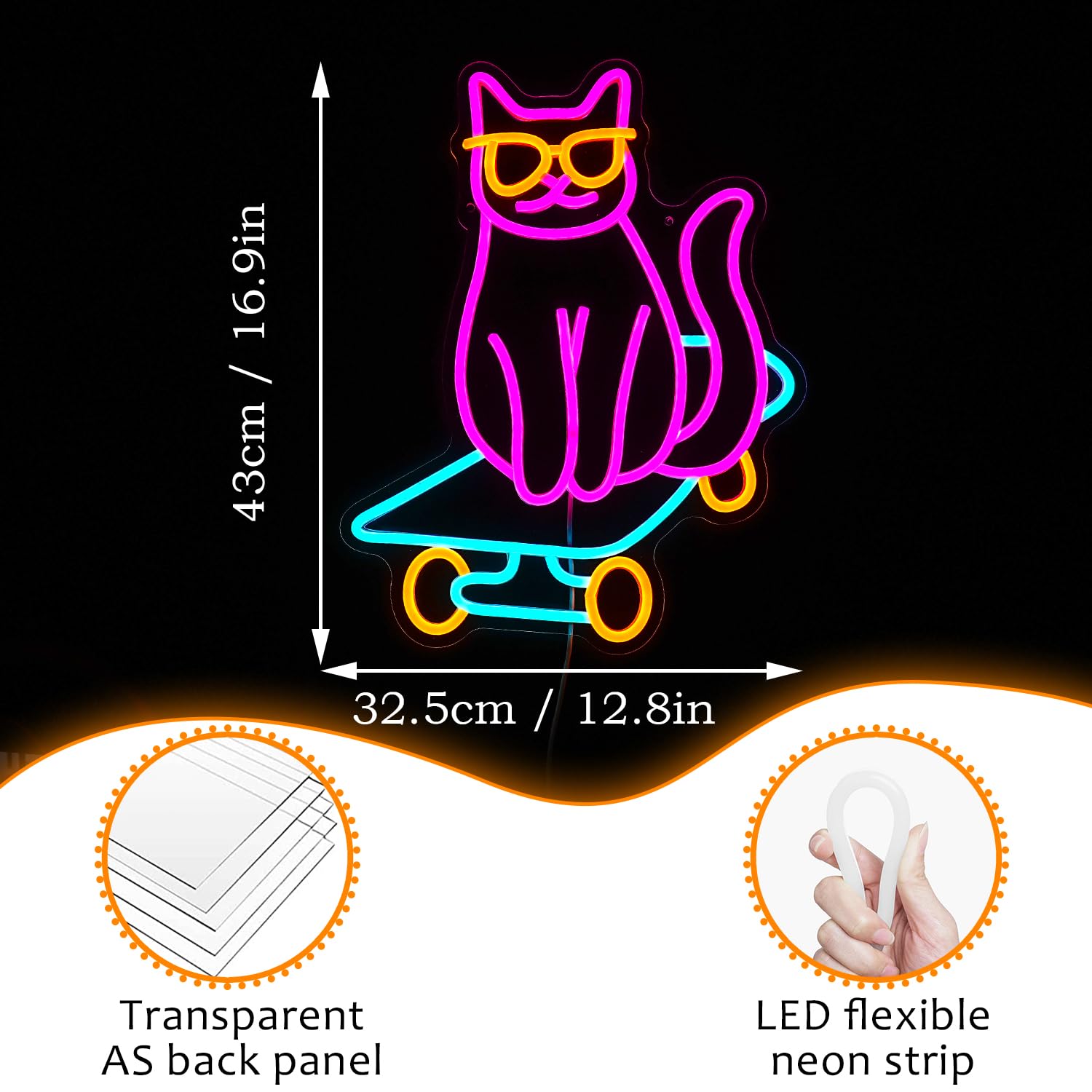 LISIGNVE Skateboard Cat Neon Sign LED Light Dimmable Multicolored Glass Decor for Bedroom Pet Shop Art Gift