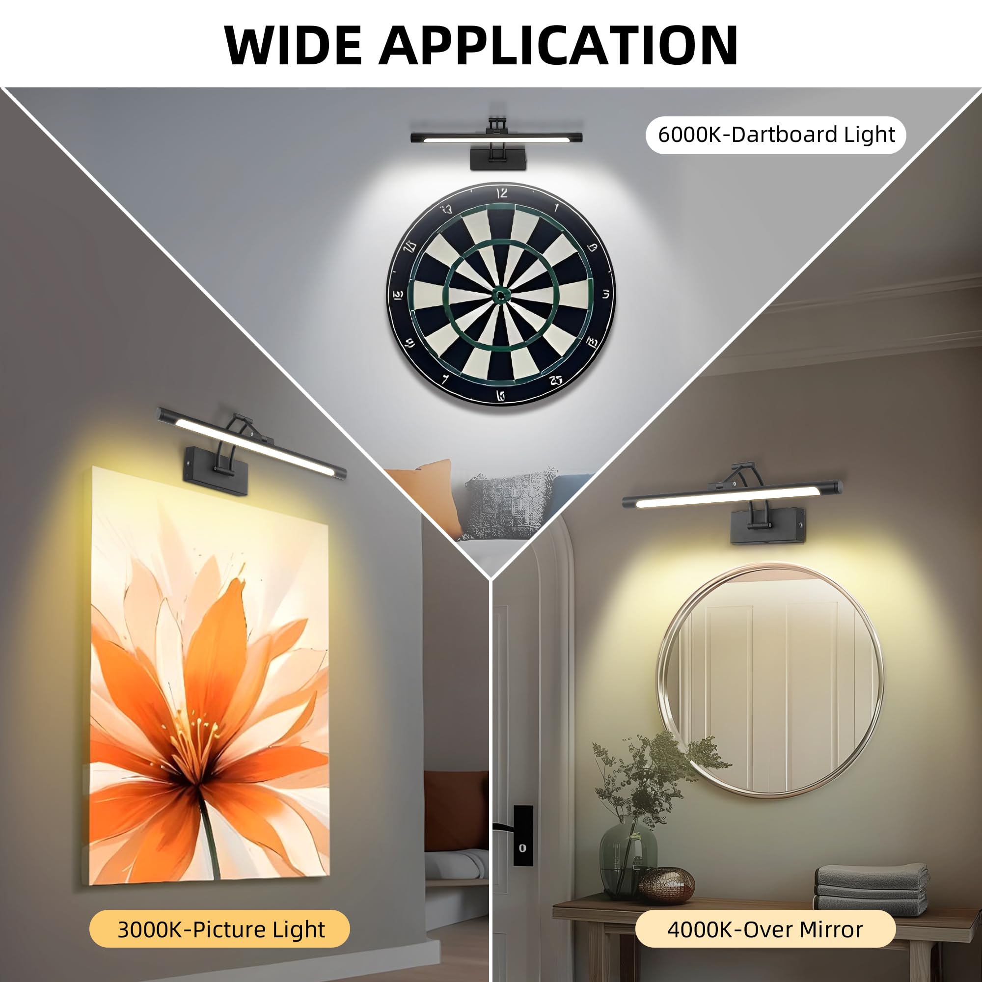 16 Picture Lights For Wall Battery Operated  Wireless Picture Light With Remote  Rechargeable Wall Light 3000K/4000K/6000K Dimmable  Art Lighting For discomfort-reducingtings Frame Gallery Dartboard Light  Black