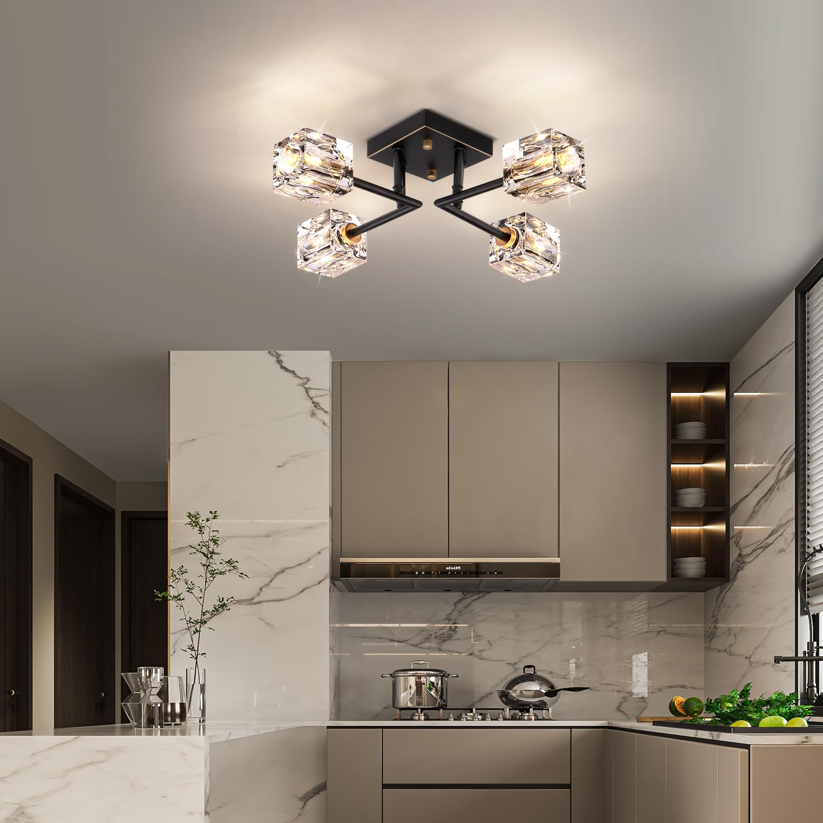 OKES Modern Crystal Ceiling Light - Semi Flush Mount 4-Lights - Black and Gold Sputnik Chandelier for Bedroom, Dining Room, Office