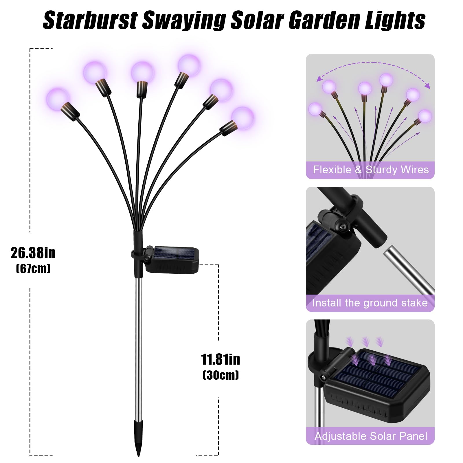 ZFNN Solar Firefly Lights - 36 LEDs Outdoor Waterproof Decorative - 6 Pack, Purple, Plastic, Model YHC-6pack6head
