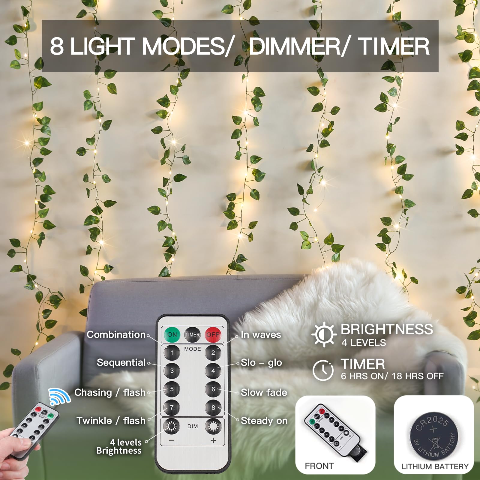 suddus 200 LED Fairy Lights with Vines, 6.5ft x 6.5ft, Pothos-Warm White, USB Powered, Model SDC-200PVCU