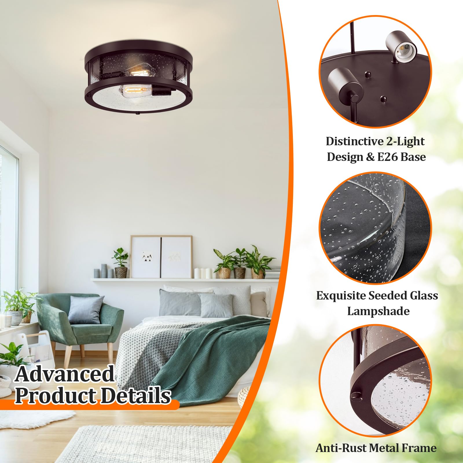 Flush Mount Ceiling Light Fixture, 2-Light Farmhouse Light Fixture With Seeded Glass Lampshade, Industrial Brown Close To Ceilin