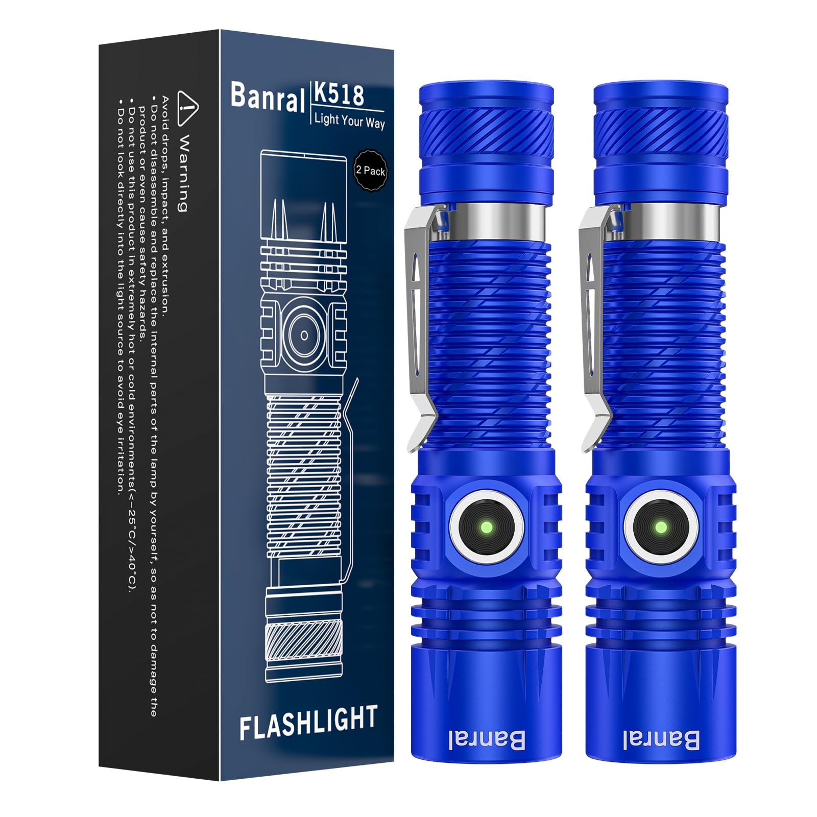 Banral Rechargeable Tactical Flashlight, 4 Modes, USB-C, Mini, Waterproof, Aluminum, Model K518, Blue
