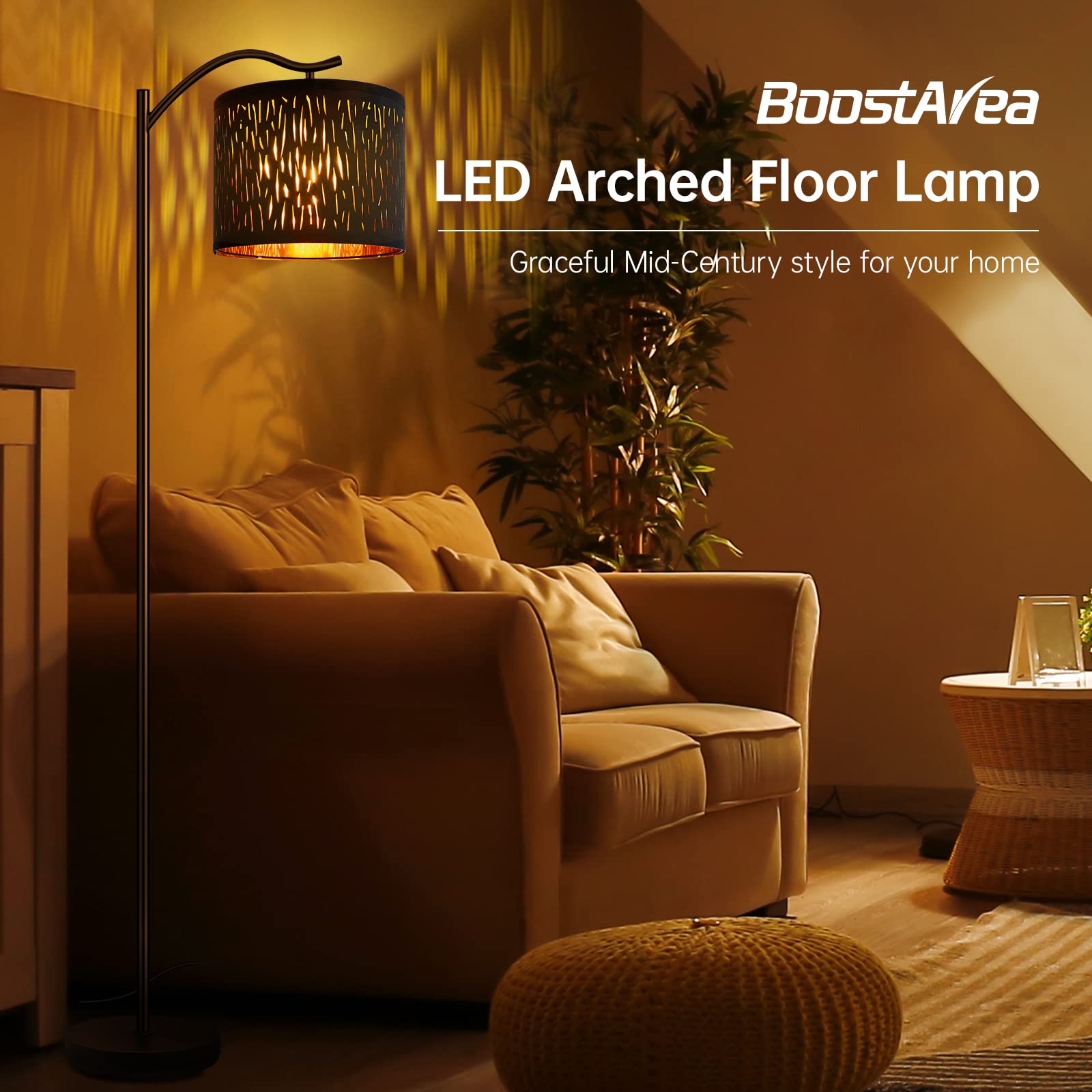 Boostarea Tree Texture Shade Floor Lamp - 8W Led Arched Standing Lamp With Linen Shade, Mid Century Design For Living Room, Bedr