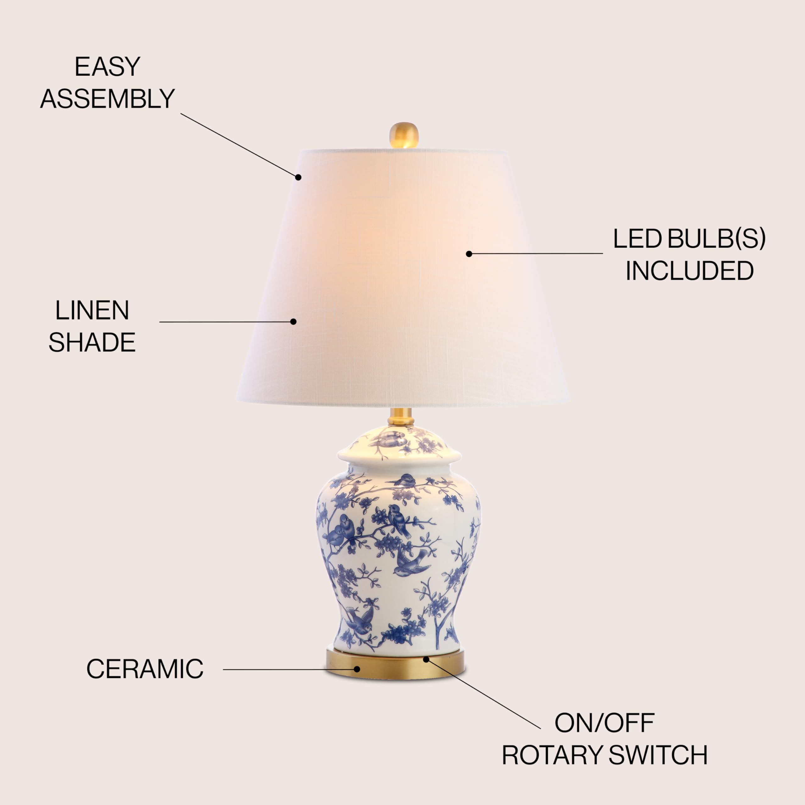 Jonathan Y Penelope 22 Chinoiserie Led Table Lamp, Blue/White Ceramic, Model Jyl3005A, Ideal For Bedroom, Living Room, Office