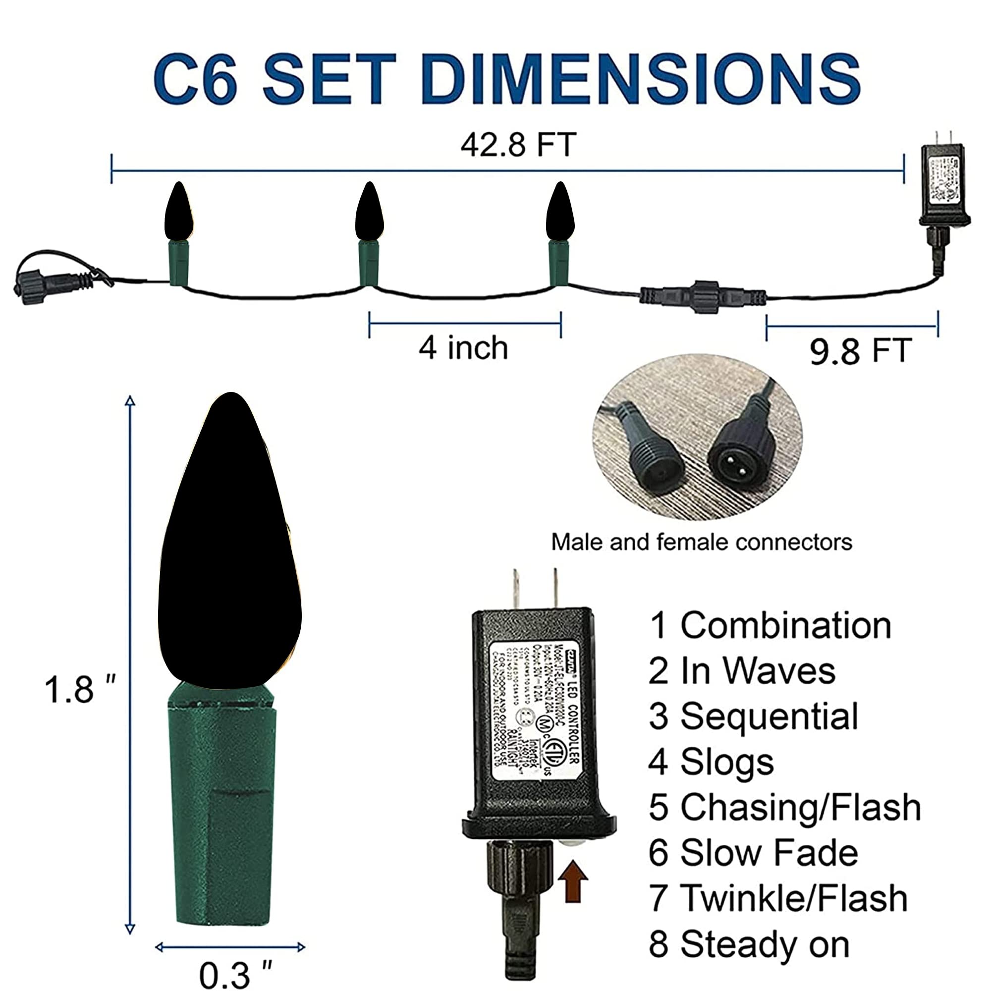 Dazzle Bright C6 Christmas String Lights, 100 Led 33 Ft Outdoor Christmas Lights Waterproof Connectable, 8 Modes Christmas Light