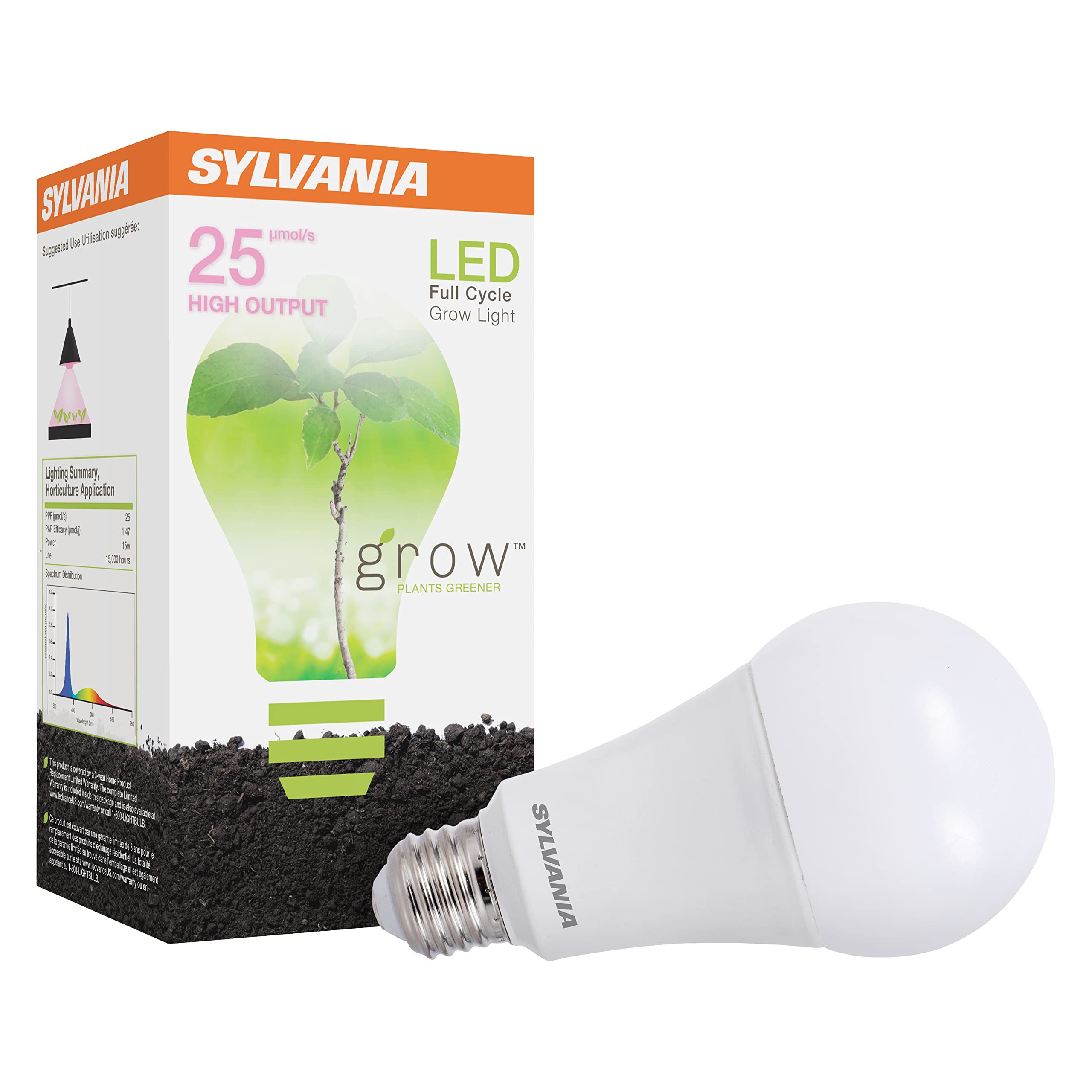 Sylvania Full Cycle 15W LED Grow Light Bulb, A19, 25 Micromoles/s, 80 CRI, Non-Dimmable, Frosted - 1 Pack (40023)