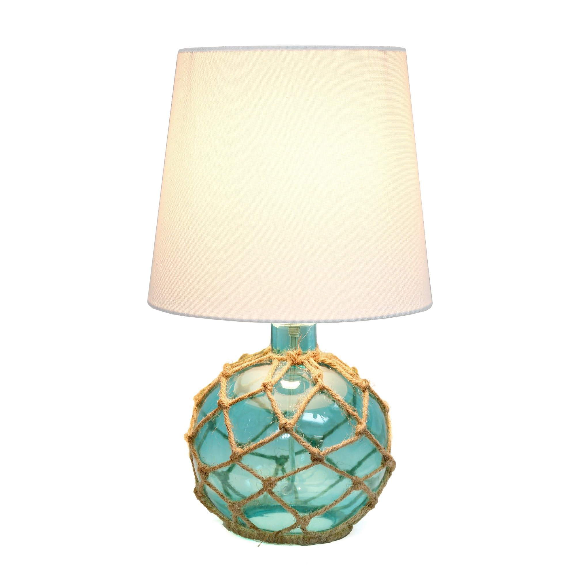 Elegant Designs Lt1050-Aqu Buoy Rope Nautical Netted Coastal Ocean Sea Glass Table Lamp With White Fabric Shade, Aqua