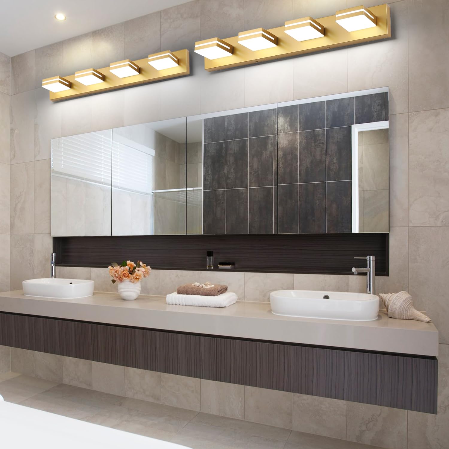 SineRise LED Bathroom Vanity Light Fixture, 4-Light, 30-Inch, Dimmable, Matte Gold, Acrylic, Model H0001-33, Cool White 6000K