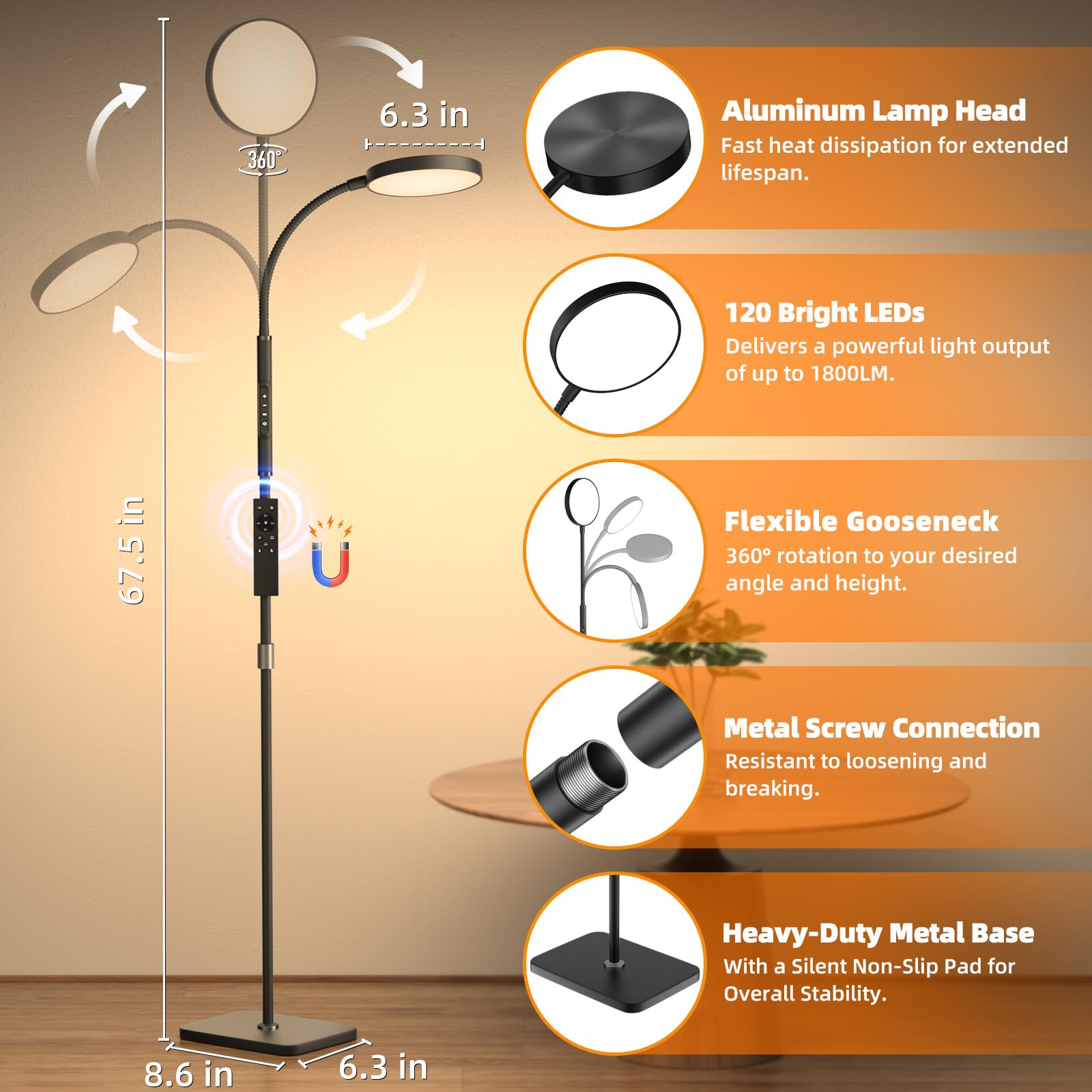 PACOVY Adjustable Height Floor Lamp - 120 LED Super Bright, Dimmable Gooseneck, Remote & Touch Control, Black, Perfect for Living Room & Office