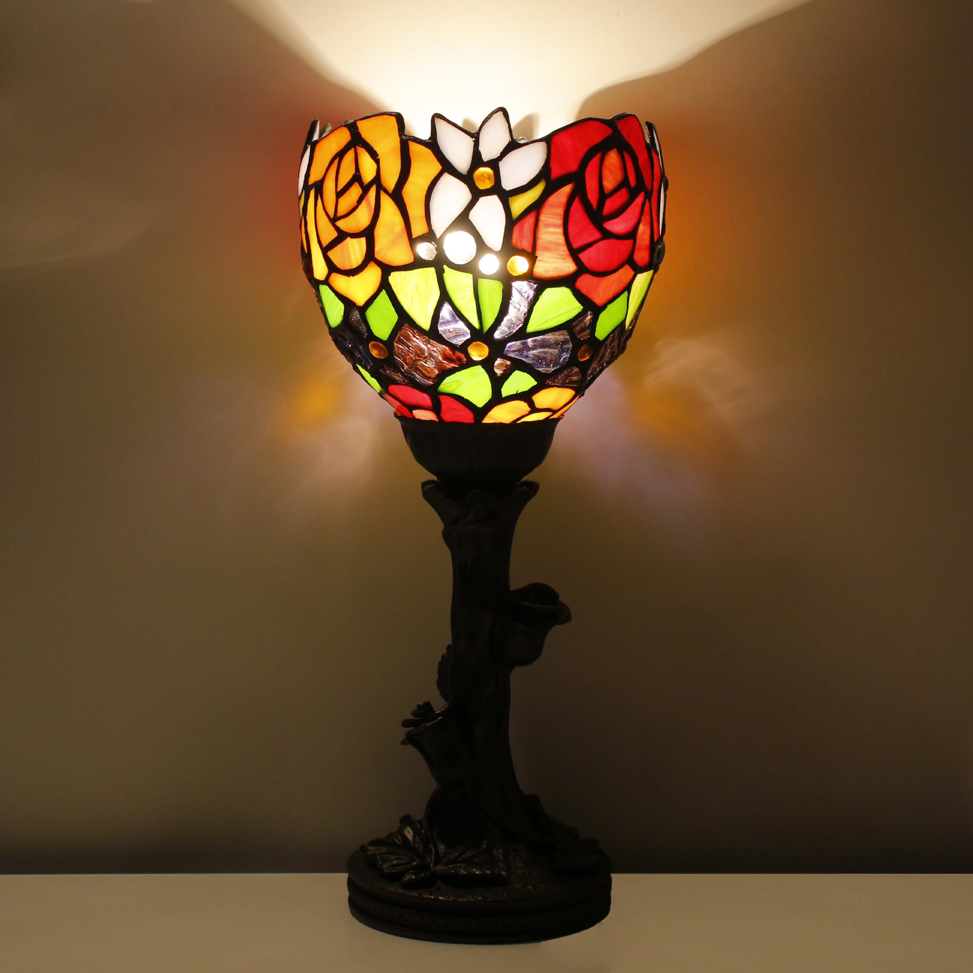 Avivadirect Small Tiffany Lamp Mini Stained Glass Table Lamp Red Rose Accent Desk Uplight W6H 13.5 Inch Bronze Resin Base