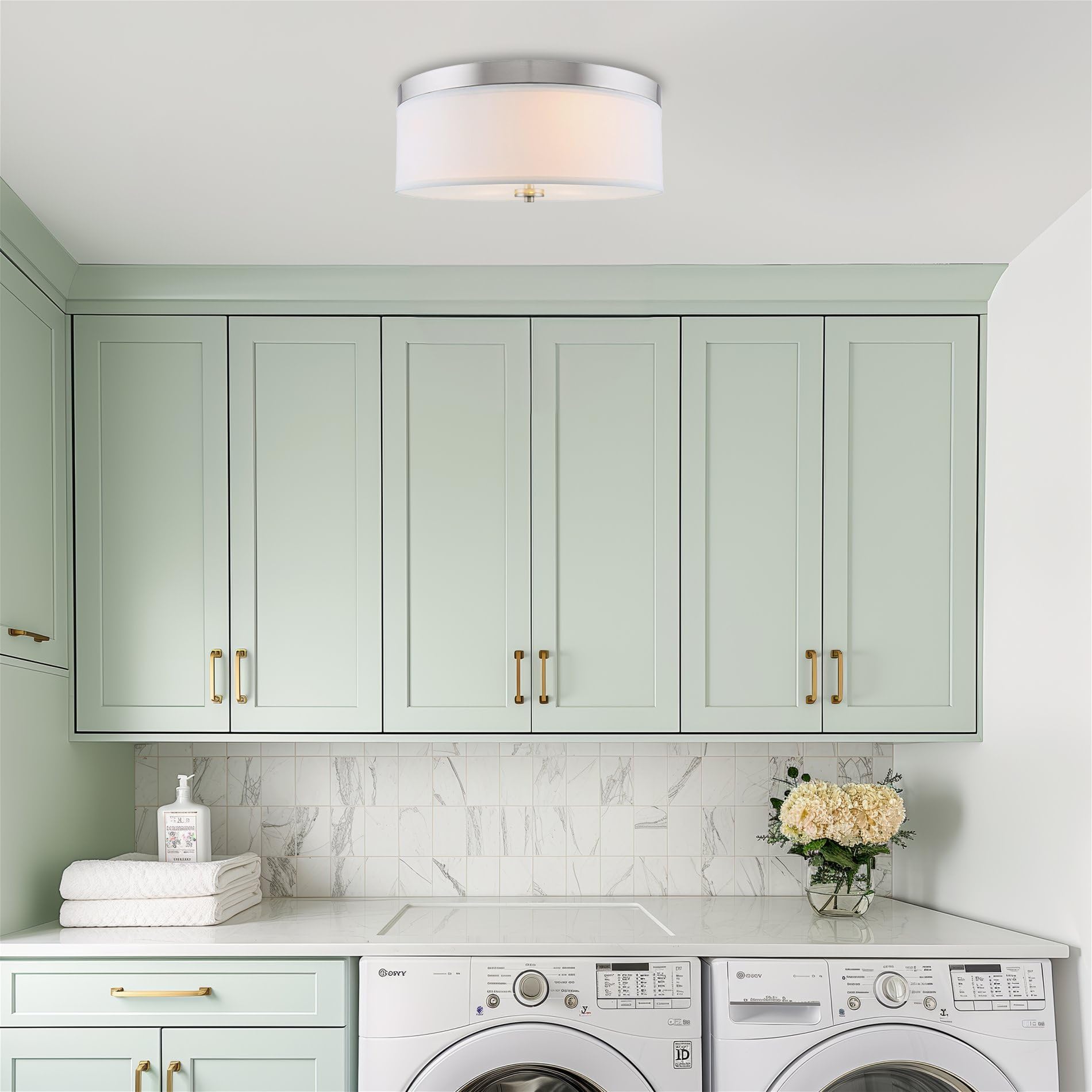 Kira Home Walker 15'' Mid-Century Modern 3-Light Flush Mount Ceiling Light, White Fabric Shade + Round Glass Diffuser, Brushed N