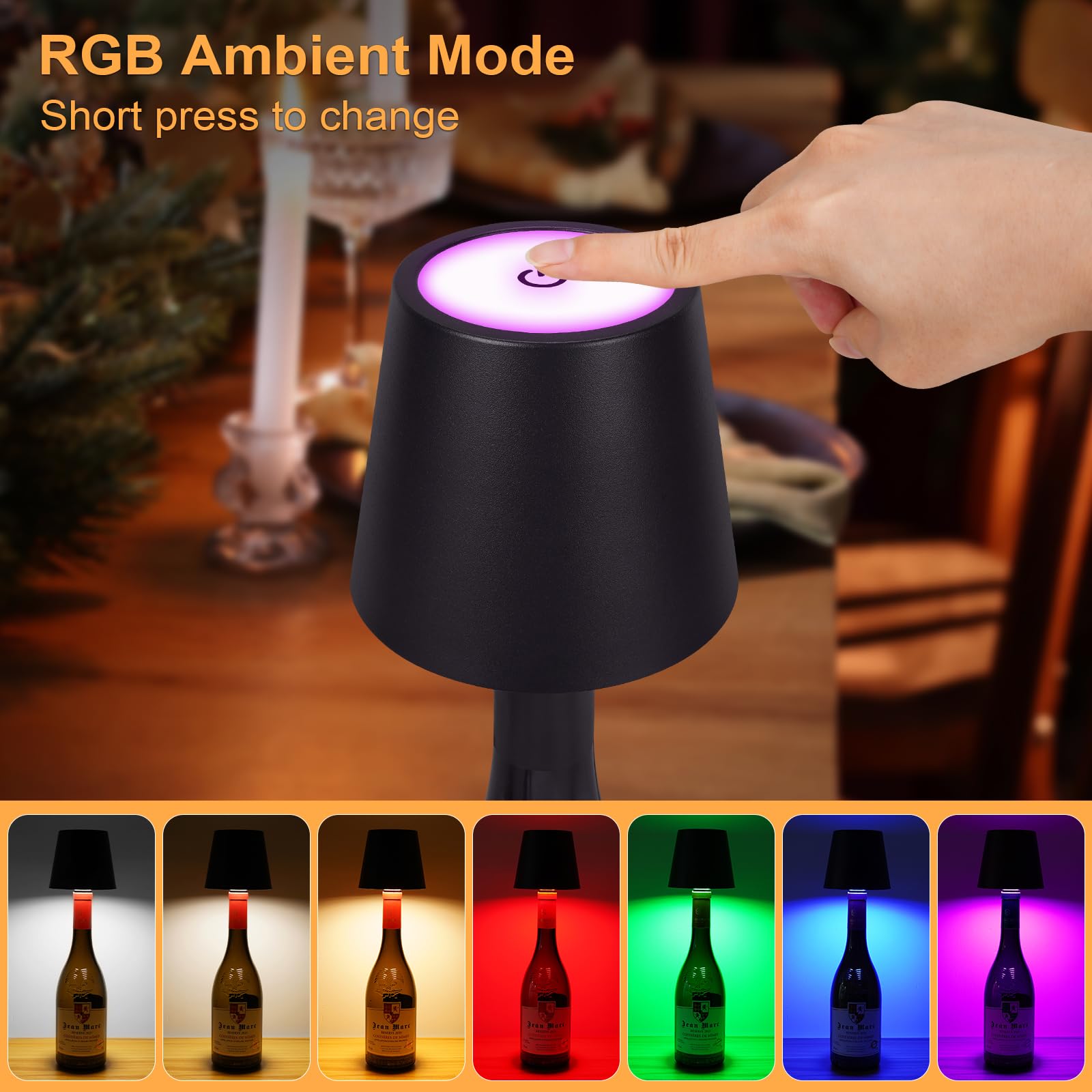 Dusktec Wireless Wine Bottle Lampshade, 8 Rgb Light Modes, Light Temperature 3000-6500K, Rechargeable Touch Wine Bottle Lamp, Po