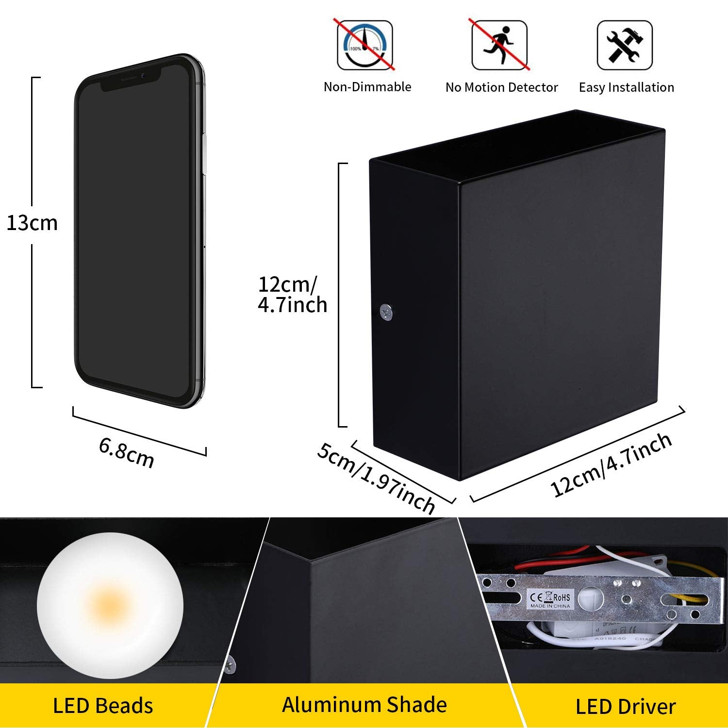 Lightess LED Wall Sconce, Set of 2, Hardwired 10W, Up Down Mount, Aluminum, Black, Model LG9757919, Warm White