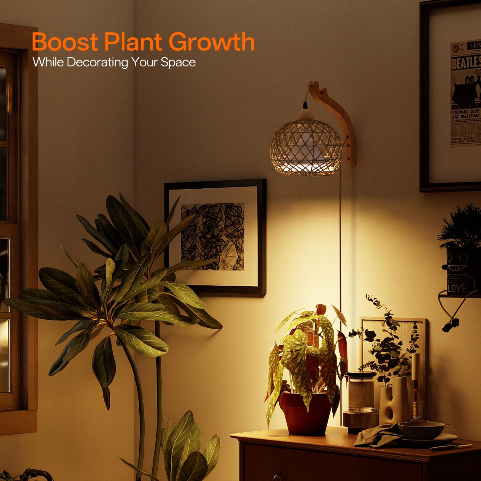 Bstrip 18W Full Spectrum Hanging Grow Light with Rattan Shade, 3800K Warm White, 9.8FT Cord - Ideal for Indoor Plants