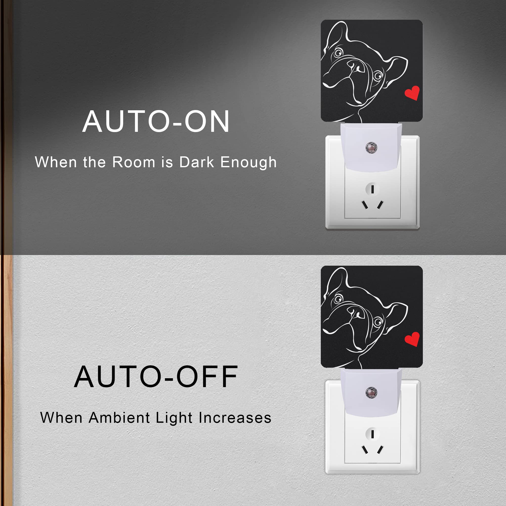 Smoaffly LED Night Light Plug-in Dusk-to-Dawn Lamp for Nursery, French Bulldog Dog Red Heart, Model XD-FXYD-LST05