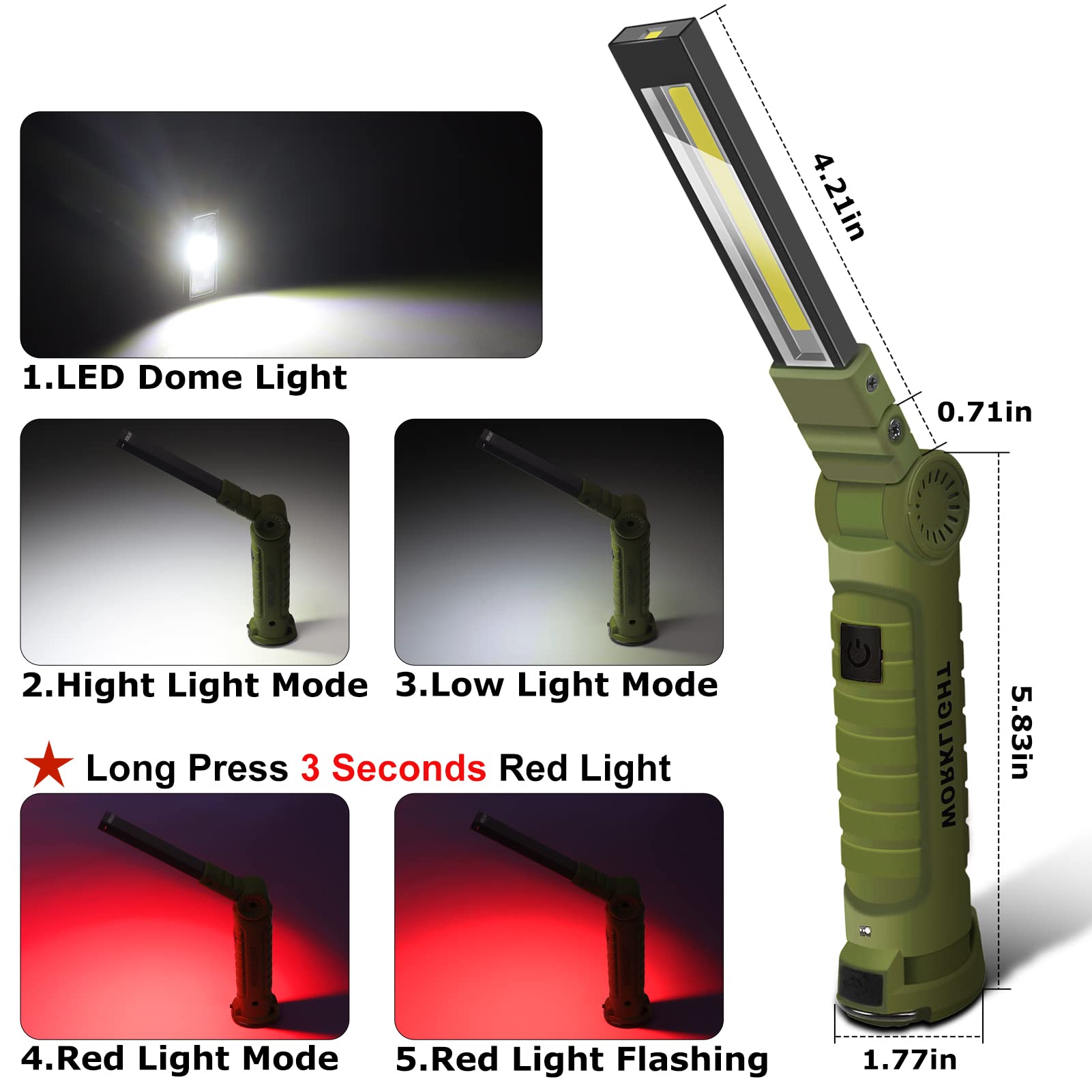 LED.APP 2Pack USB Rechargeable COB Work Light, Magnetic Base, 360°Rotate, 5 Modes, Plastic, Green