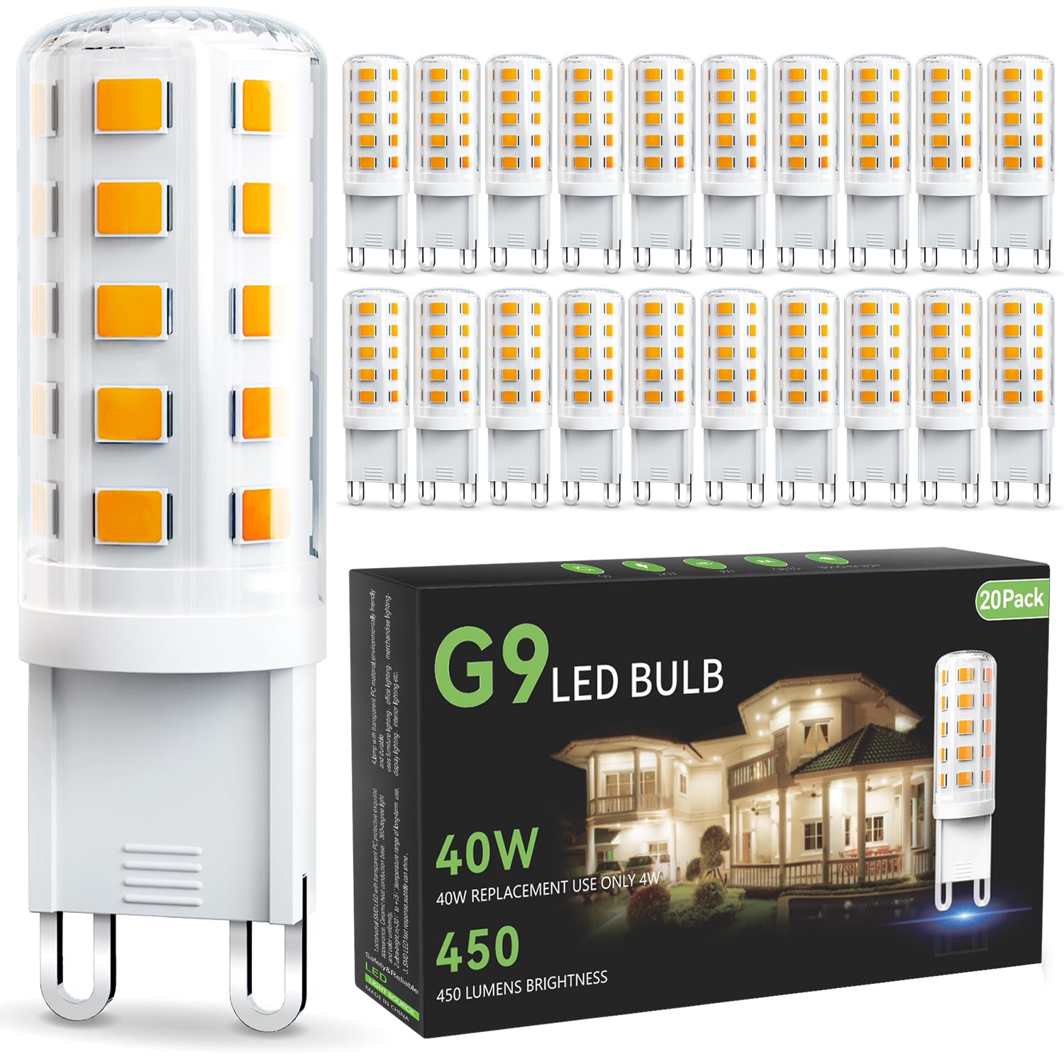 Volivo 20 Pack G9 Led Bulb 4W, 2700K Soft Warm White, 40 Watts Halogen Replacement T4 G 9 Bi Pin Base, Non-Dimmable No Flicker 1