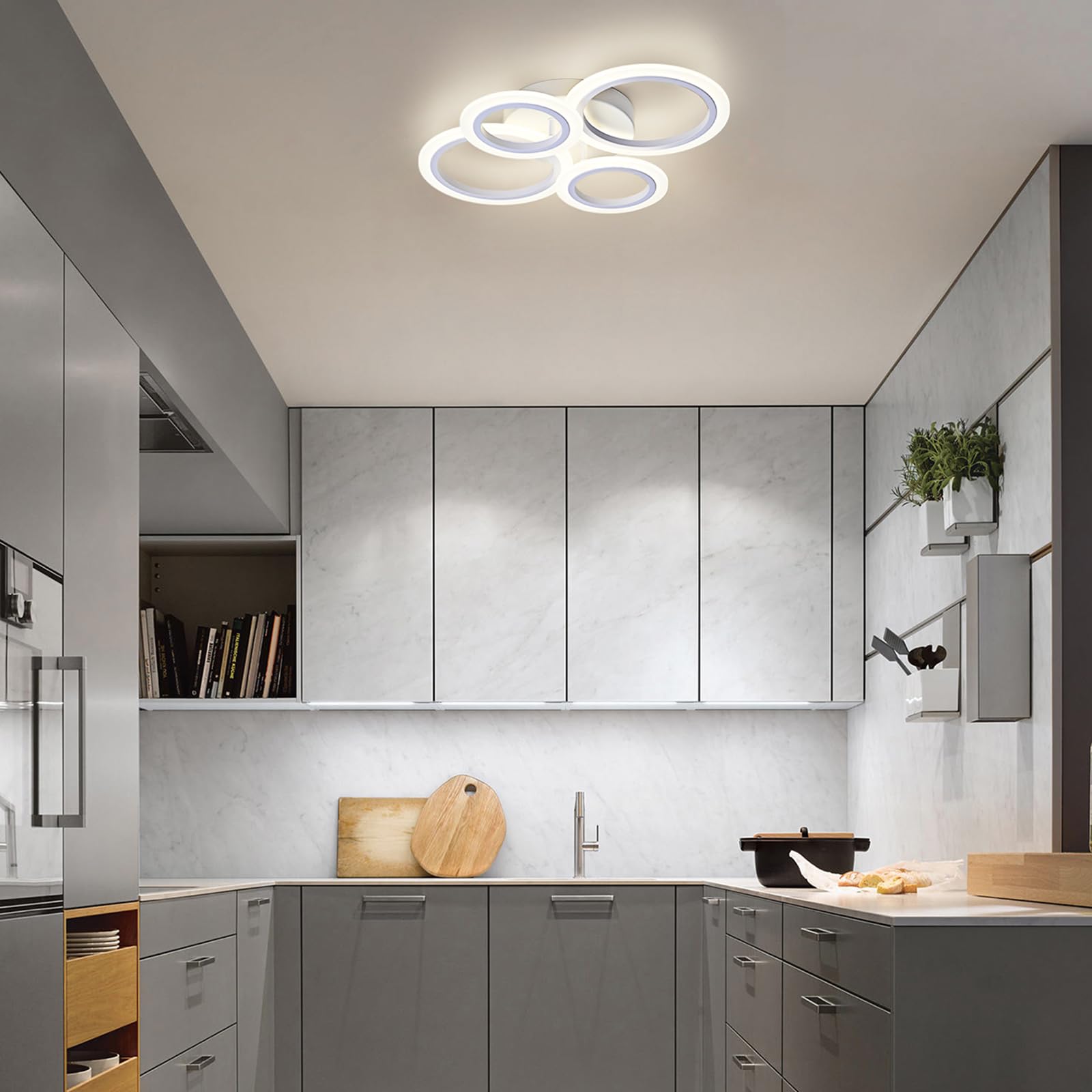 Vikaey Modern Led Flush Mount Ceiling Light, 4 Rings White Close To Ceiling Light, Lighting Fixture Ceiling Lamp For Kitchen, Living Room, Bedroom, Laundry Room, 4000K Not Dimmable