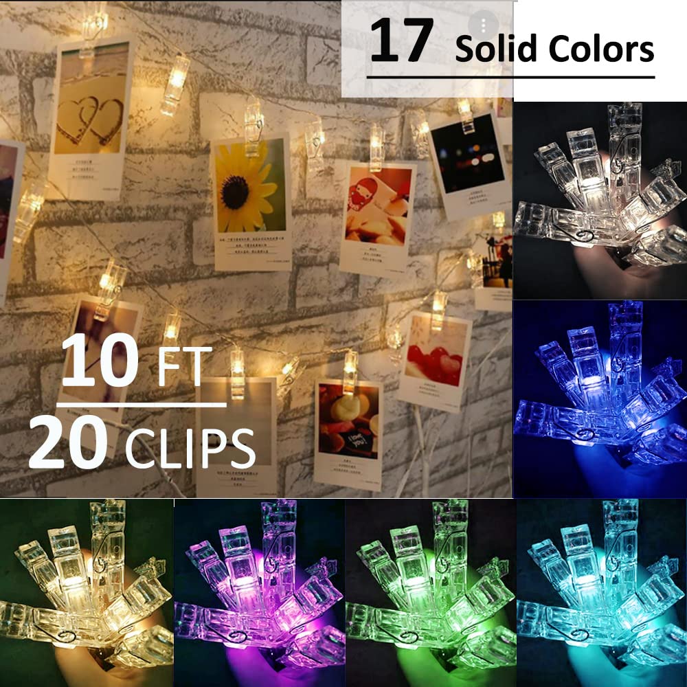 Solhice Photo Clips String Lights Color Changing 20 Leds, 10Ft Rgb Hanging Pictures Wall Lights For Teen Girls Room Decor, Indoor Bedroom Lights With Usb Powered And Remote, Gifts For Teenage Girls
