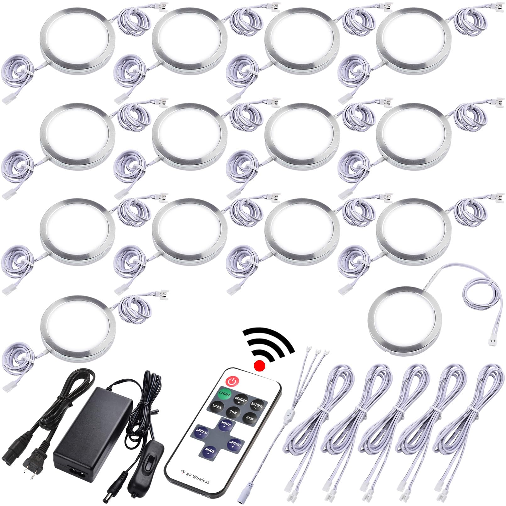 Lvyinyin Under Cabinet Lighting Kit, Curio Display Case Lighting, Dimmable Wireless Rf Remote Control, Linkable Wired Led Puck Lights, Ac120V To Dc12V, Hardwired Or Wall Plug, Daylight, 14 Lights