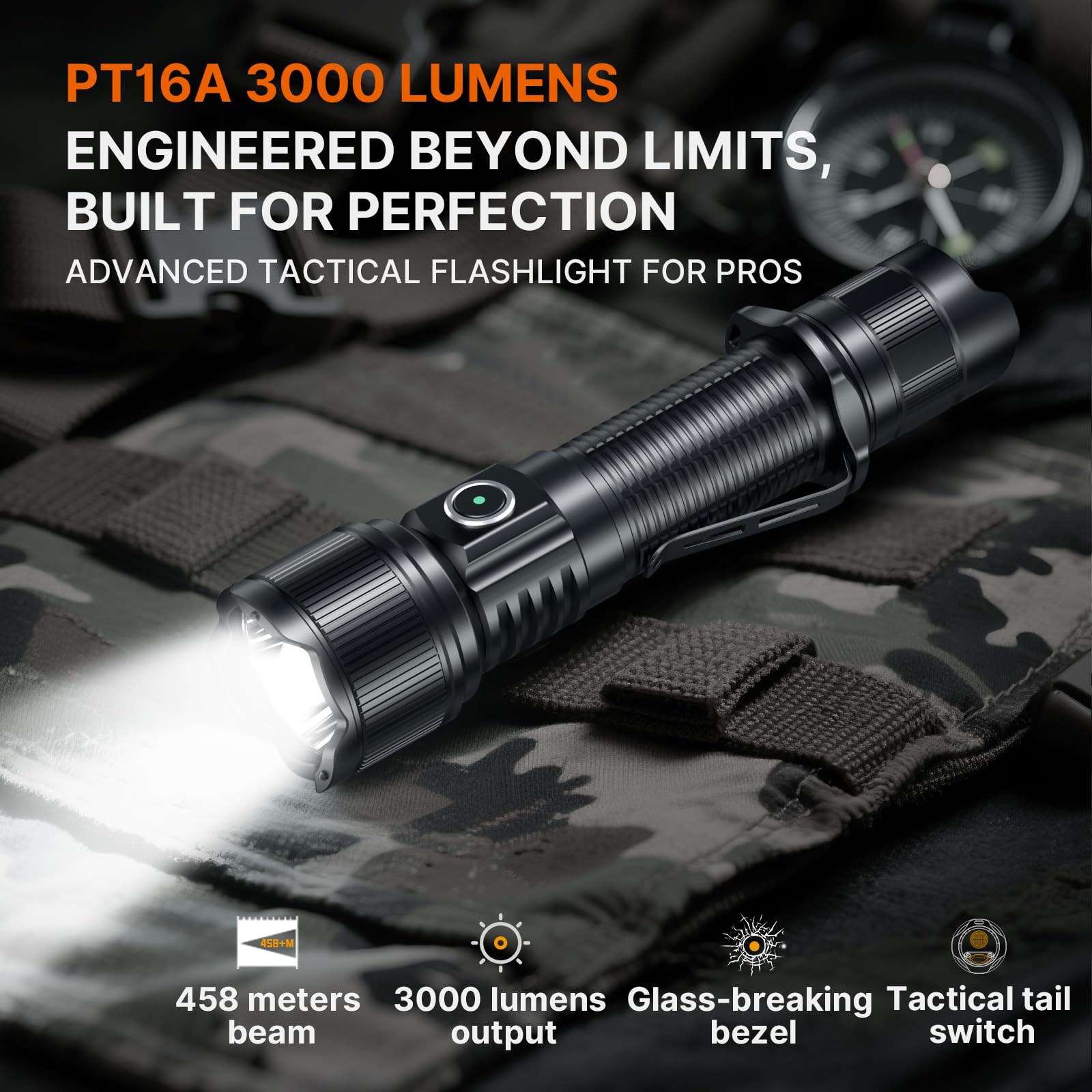 Brinyte PT16A Tactical Flashlight 3000 Lumens LED USB-C Rechargeable Black, IP68 Waterproof, Dual Switch, 6 Modes