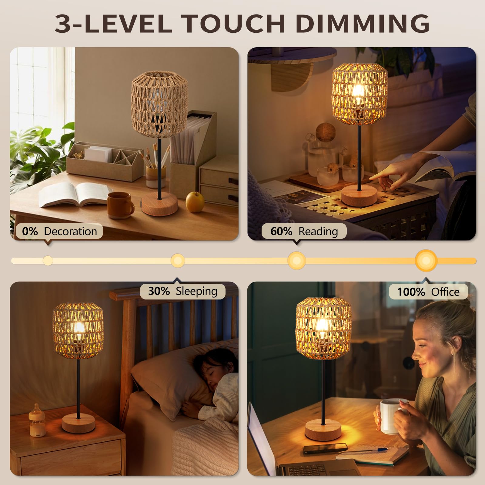 HYMELA Boho Rattan Table Lamp with Touch Control, Dimmable, USB Port, 17 inch Khaki Base, Multicolor, Bulb Included