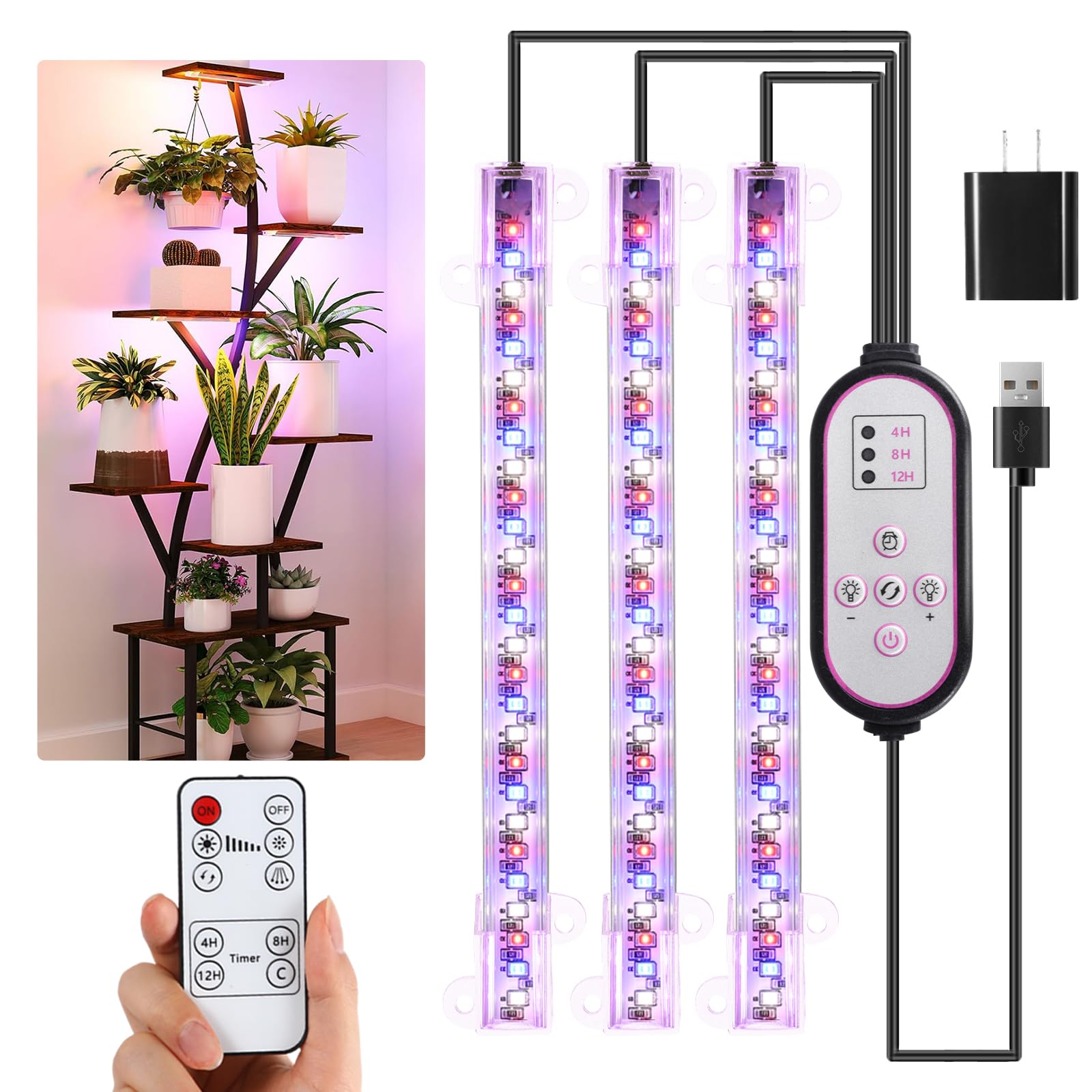Hywyimlait 7.8 LED Grow Light Bands  Grow Lamps for Indoor Plants Full Spectrum  Plant Light with 4/8/12H Timer  10 Dimmable Levels for Seedling Succulent Best Match for Plant Shelf  3 Head
