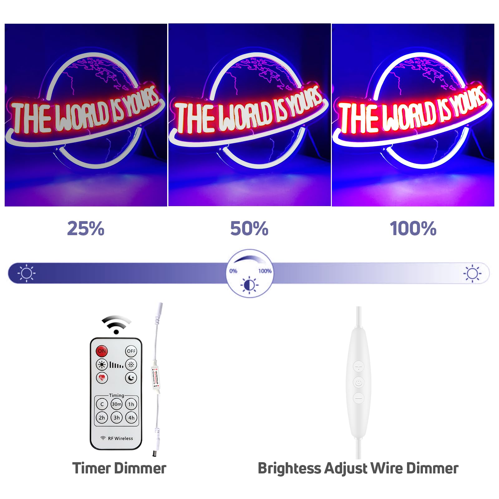 KiMineon Neon Sign - Remote Dimmer LED Lamp for Wall Decor - 15in Acrylic - Blue/Red - Model: world-yours-15