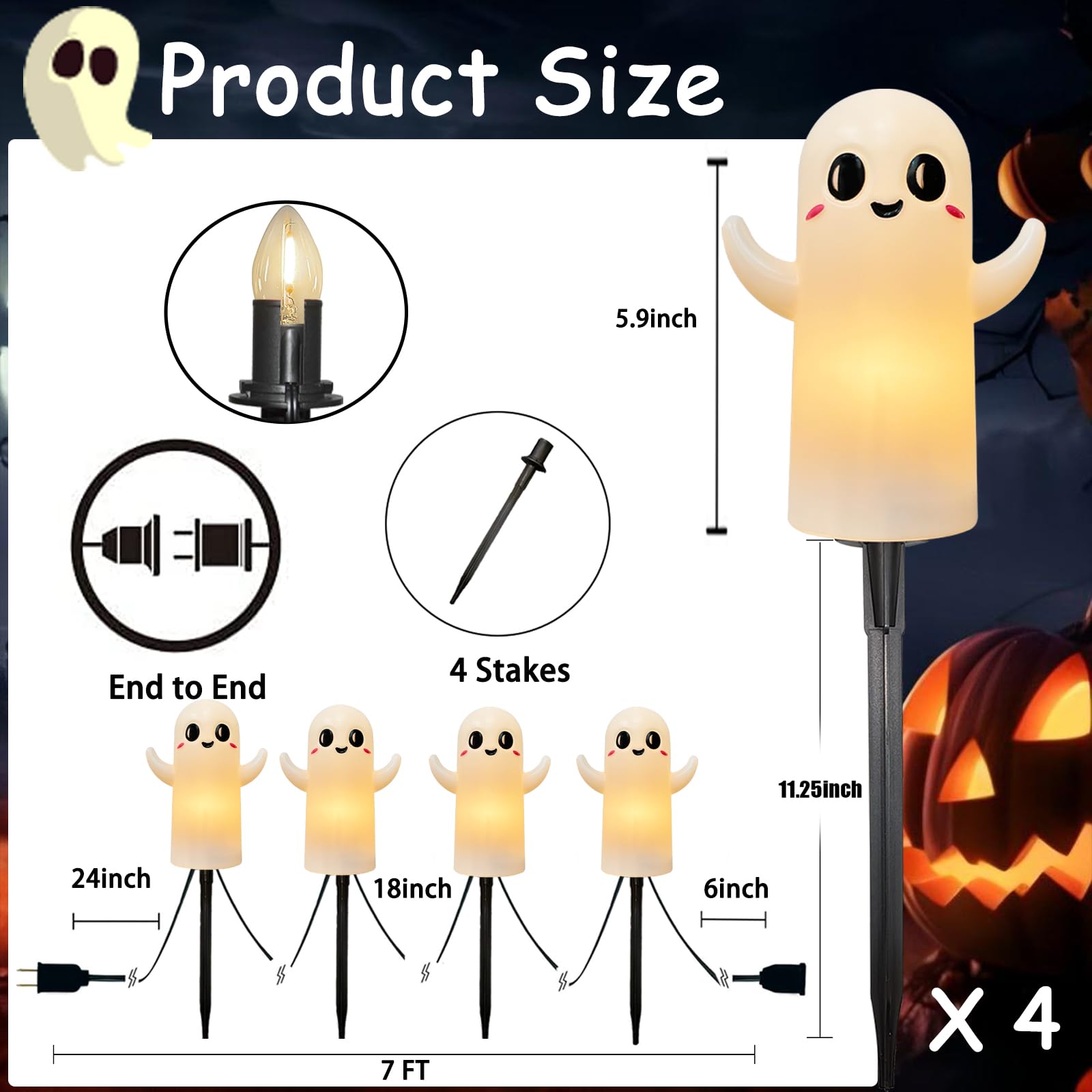 4 Pack Halloween Smiley Elves Pathway Lights, 7Ft Outdoor Halloween Decorations Lights With Led Smiling Ghost Yard Stakes Lights