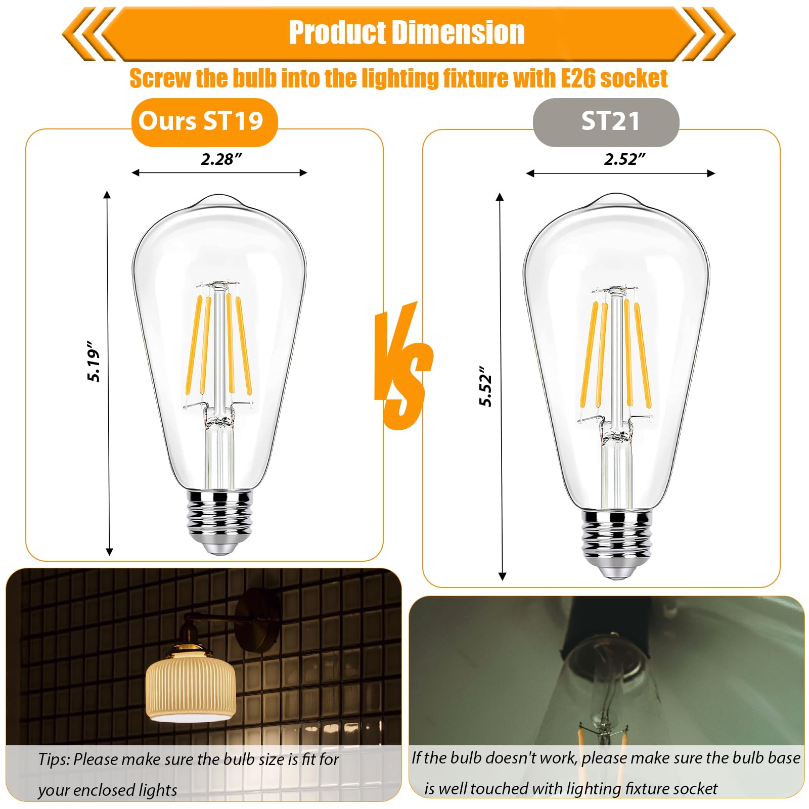 Winsaled 8 Pack Dimmable Led Edison Bulbs 40W Equivalent  St19/St58 4W Decorative Led Light Bulbs For Ceiling Lighting Fixtures  90 Cri  450Lm  E26 Base  2700K Soft White