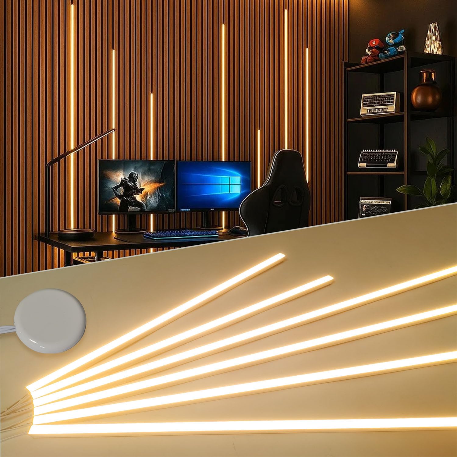 ATA LED Recessed Lighting Kit for Wall Panels - 6pcs Self-Adhesive Wall LED Lights for Interior Wall Decor  3000k Touching Switch Light for Wood Slat Wall Panels (Hidden Touch Sensor Switch)
