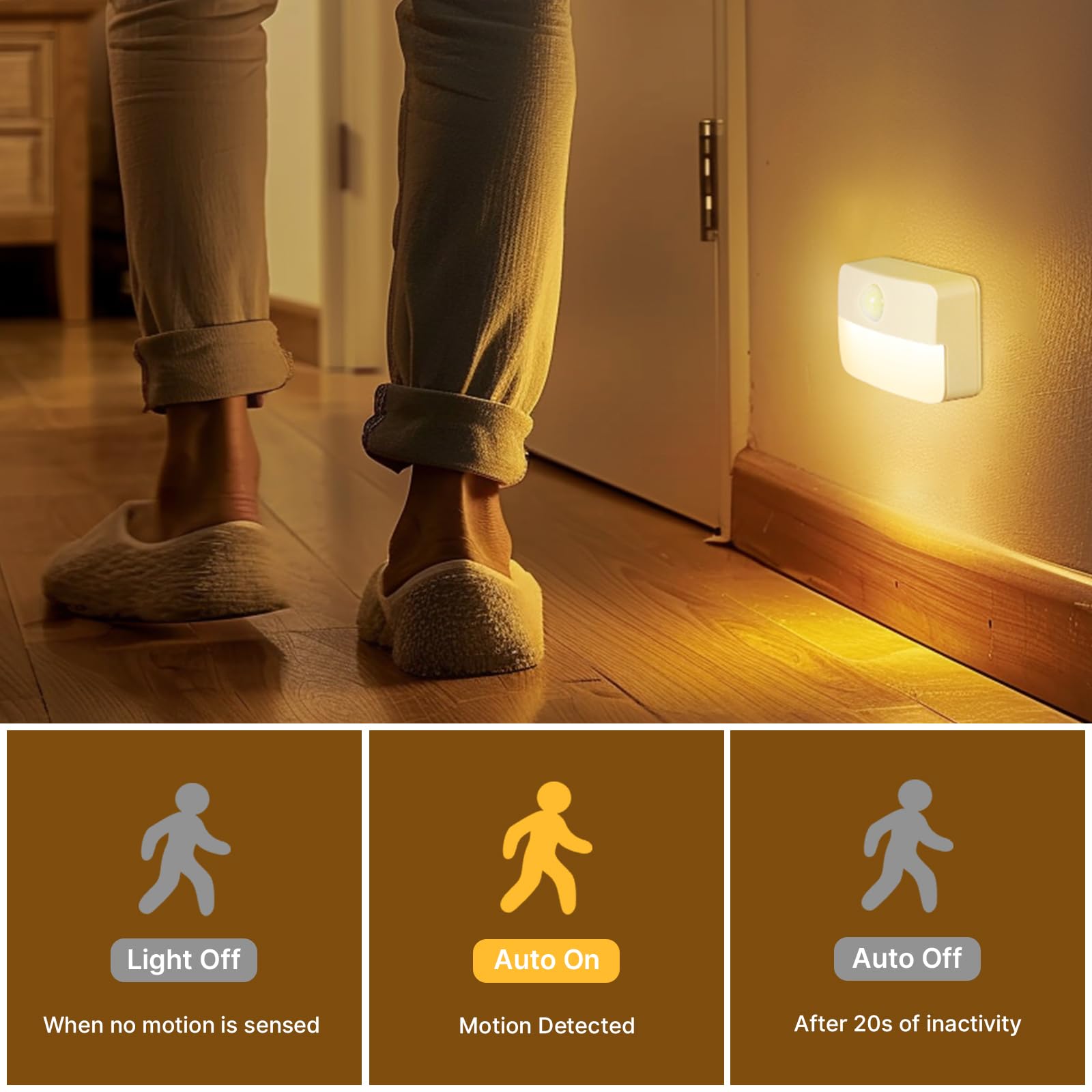 Guankai 16 Pack Motion Sensor LED Stair Lights, Battery Operated, Warm White, Plastic, Model 0003A5, Stick-On Night Lamps for Indoor Use