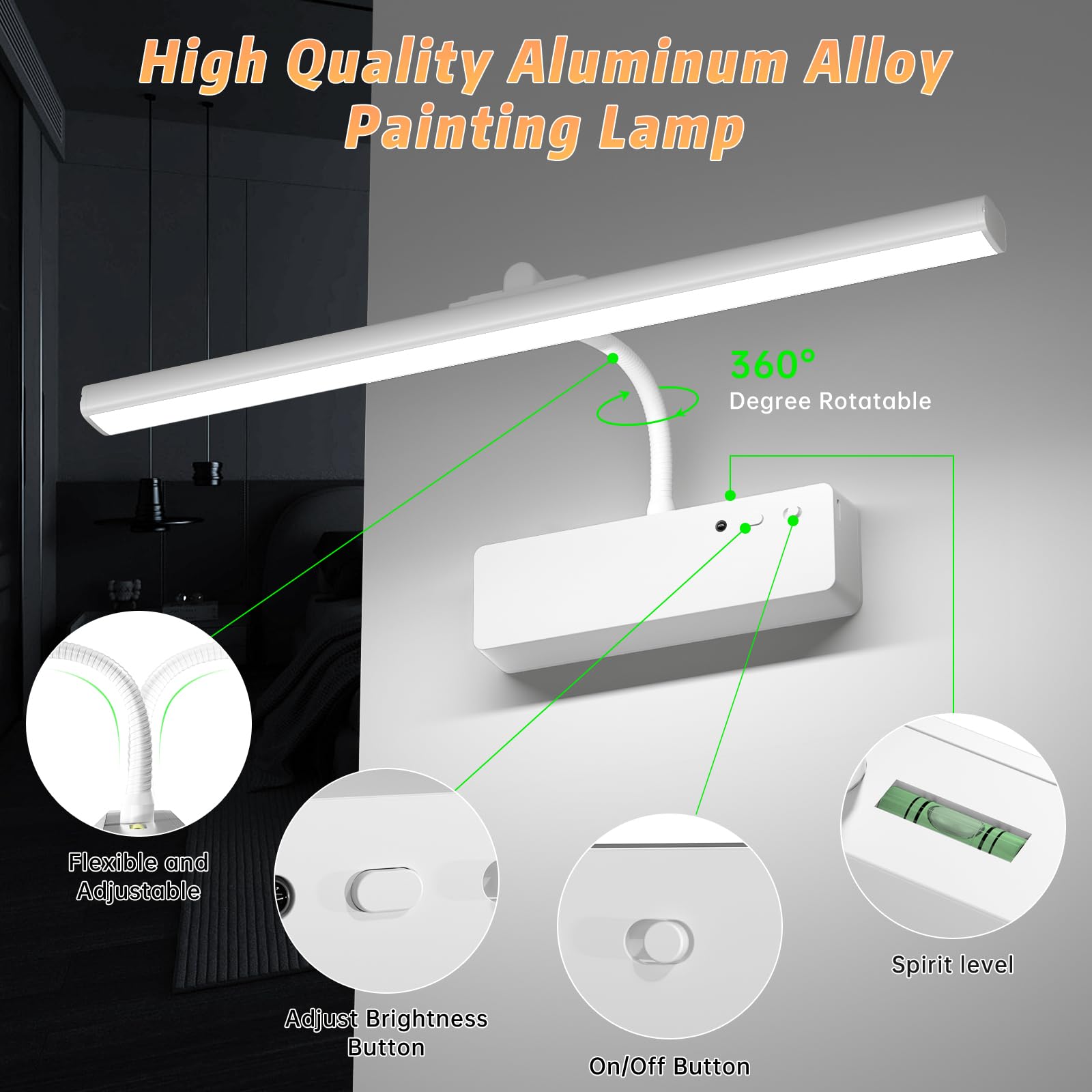 Lightbiz 15.35 Wireless Rechargeable Picture Light with Remote, Dimmable 3-Color Metal Wall Light for Artwork - White