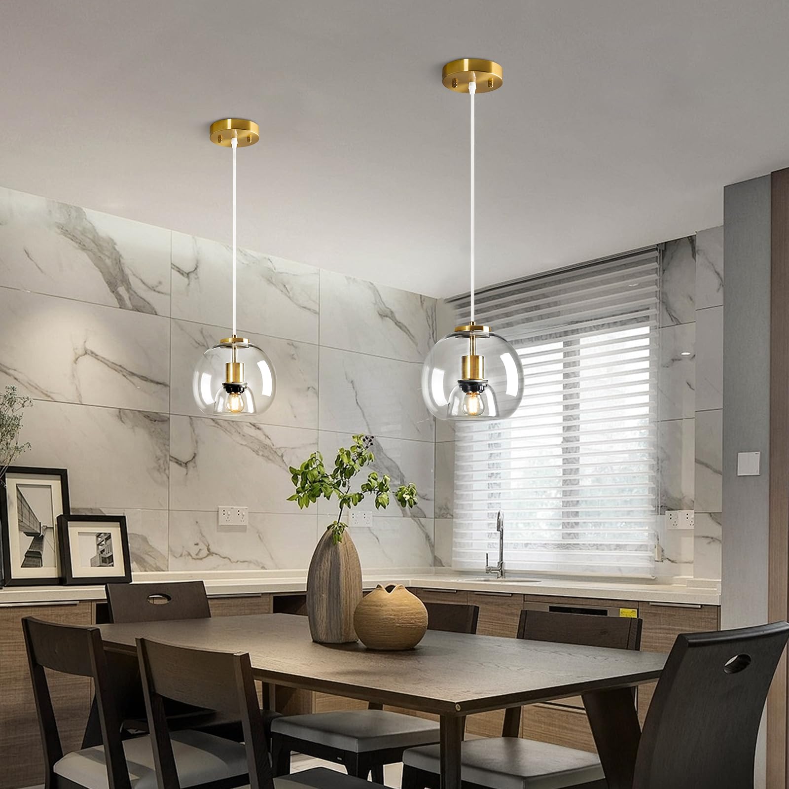Lbsqj Clear Glass Pendant Lights Kitchen Island 2 Pack 7.87 Glass Globe Pendant Light Gold Hanging Light Fixture Modern Pendant Lighting For Kitchen Island Bedroom Dining Room