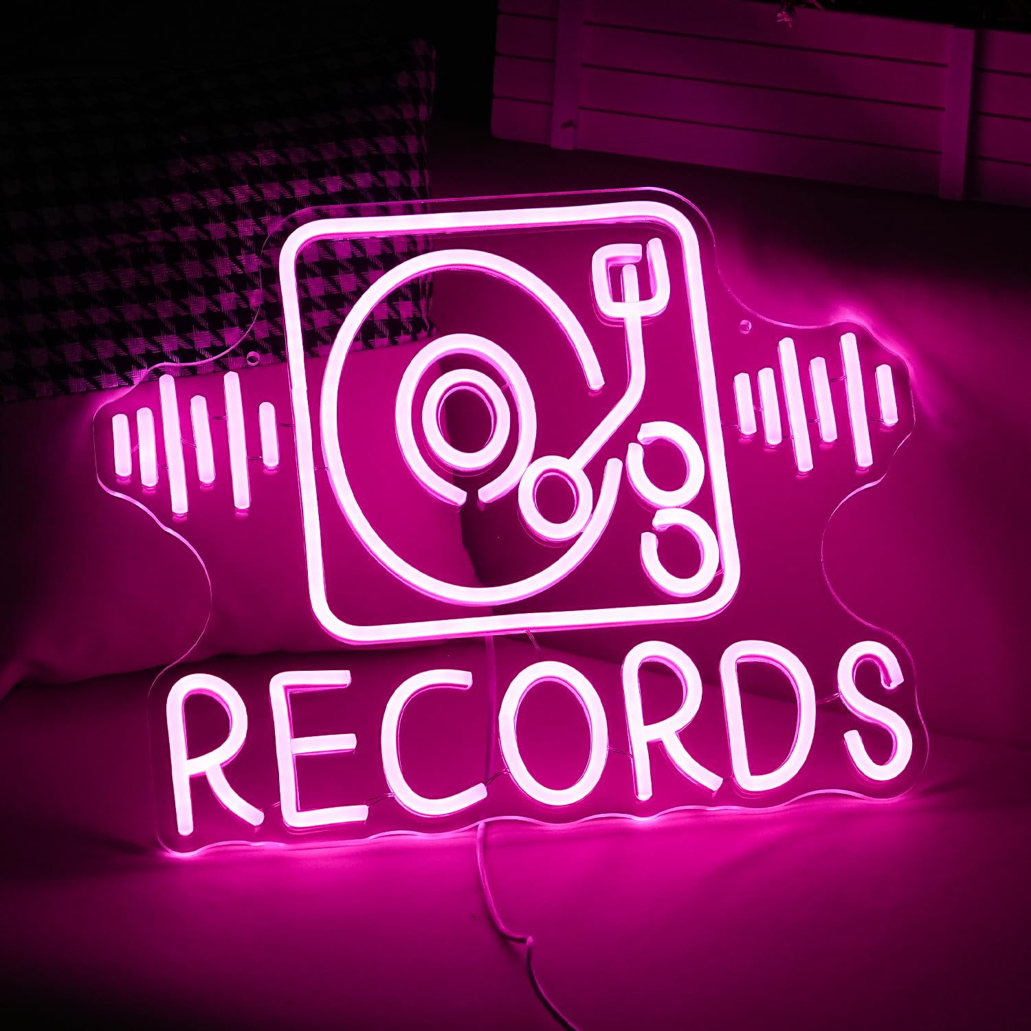 GNVETZLL Records Neon Sign, Pink LED Wall Decor, Dimmable, USB Powered, 15.7inx12.2in, Acrylic, for Music and Party Decor