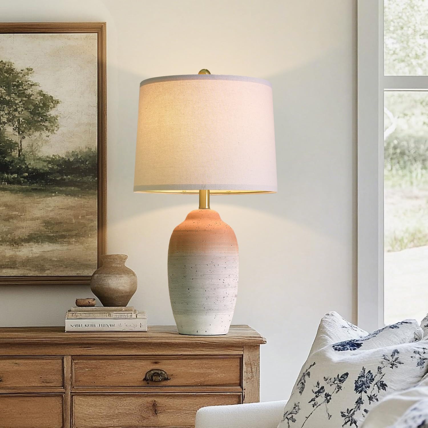 USumkky Vintage Ceramic Table Lamp - 24.5in Brown to White Gradient - Rustic Nightstand Lamp for Bedroom, Living Room, Office