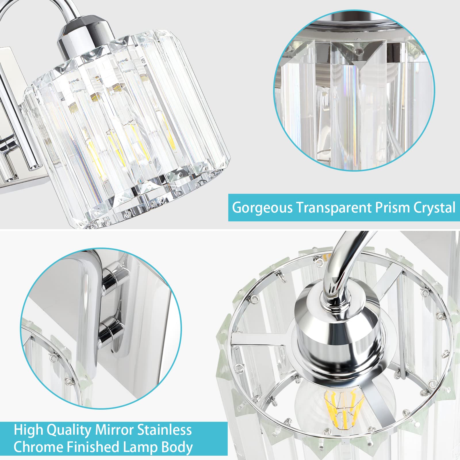 Valytime Bathroom Vanity Light, 3-Light Chrome Fixture, Polished Stainless Steel, Clear Crystal