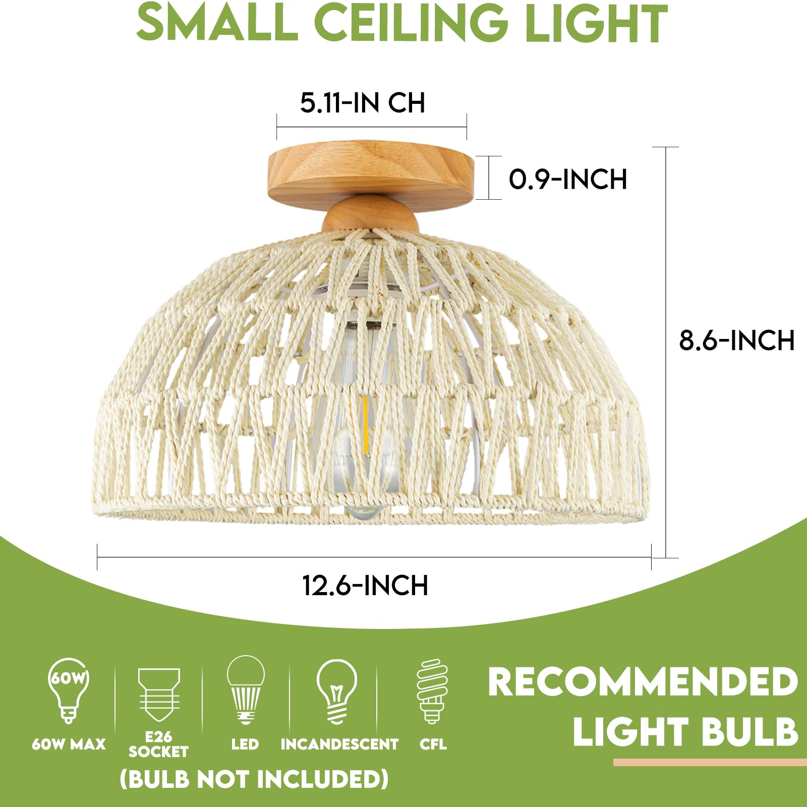 Rattan Ceiling Light Fixtures Small Boho Chandelier Lights Cream White Flush Mount Ceiling Light Wooden Canopy Bohemian Woven Ch