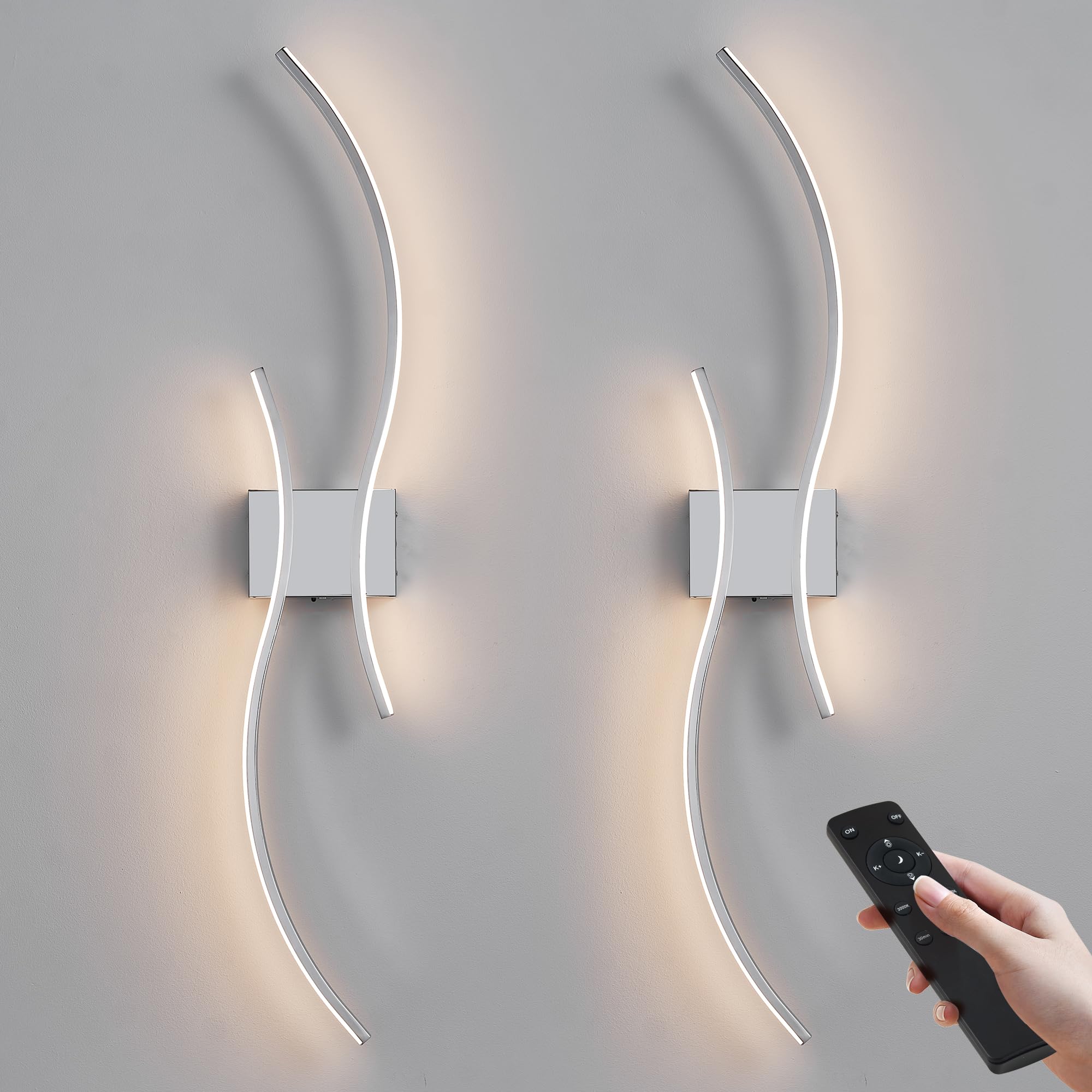 KARTOOSH Battery Operated Wall Sconces Set of Two, LED Chrome, Remote Control, Dimmable, 39.3 Inch (2 Pack), Model ZM319BCM100