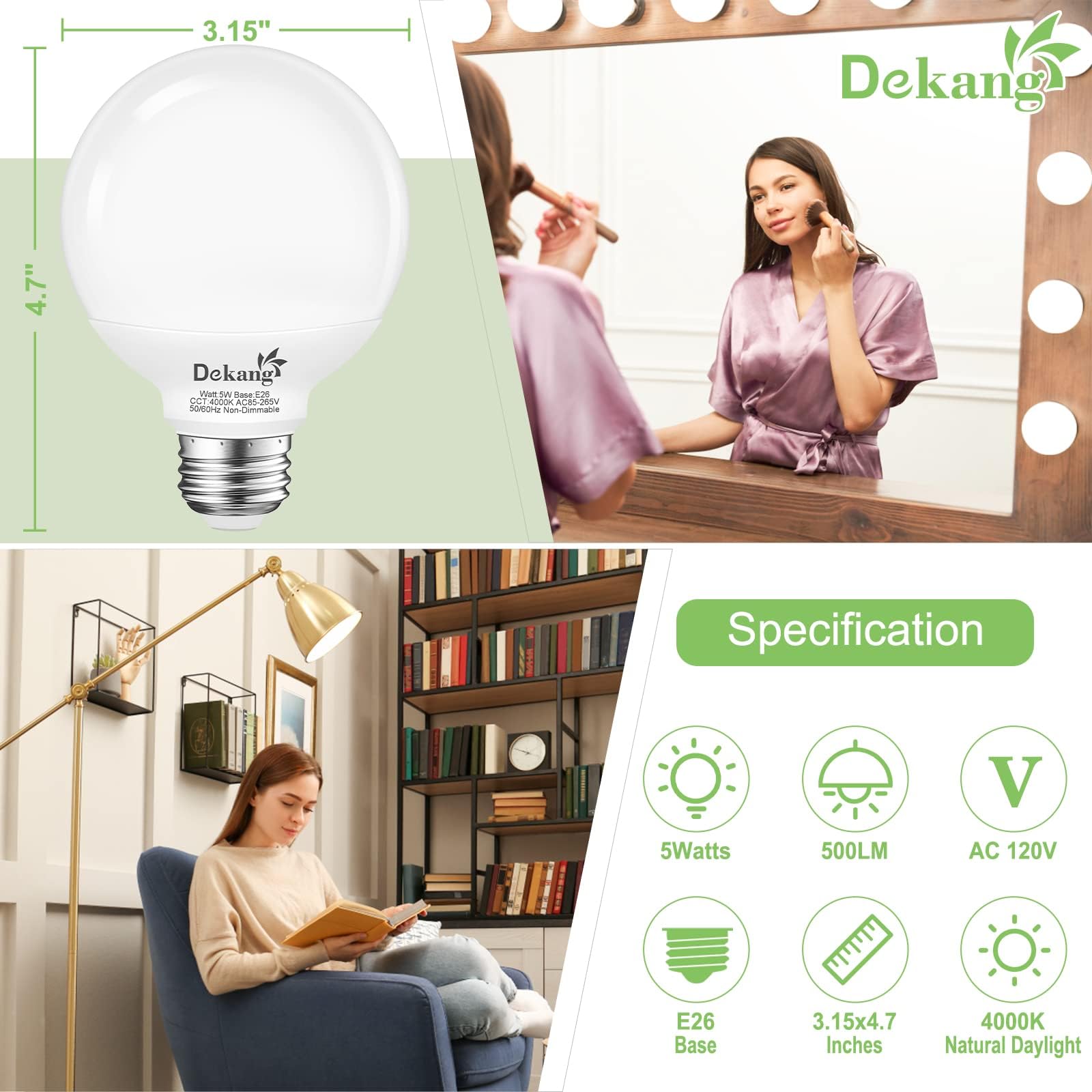 Dekang 4 Pack G25 Led Globe Light Bulbs For Bathroom 4000K Daylight, E26 Base Vanity Light Bulbs 60W Incandescent Equivalent, 5W