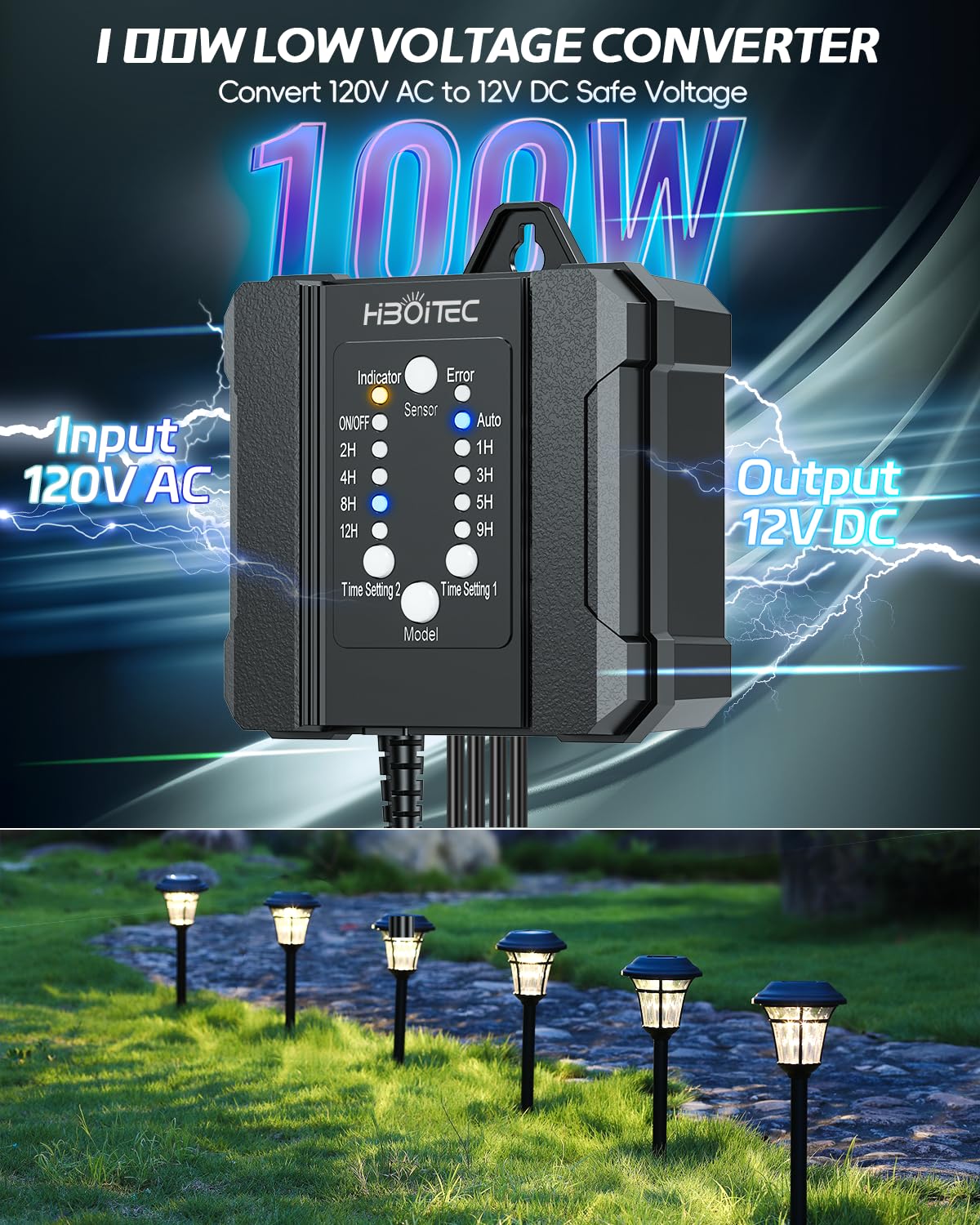 HIBOITEC 100W Low Voltage Landscape Transformer with Timer & Photocell - Model HZT-LVT001 for Outdoor LED Lighting