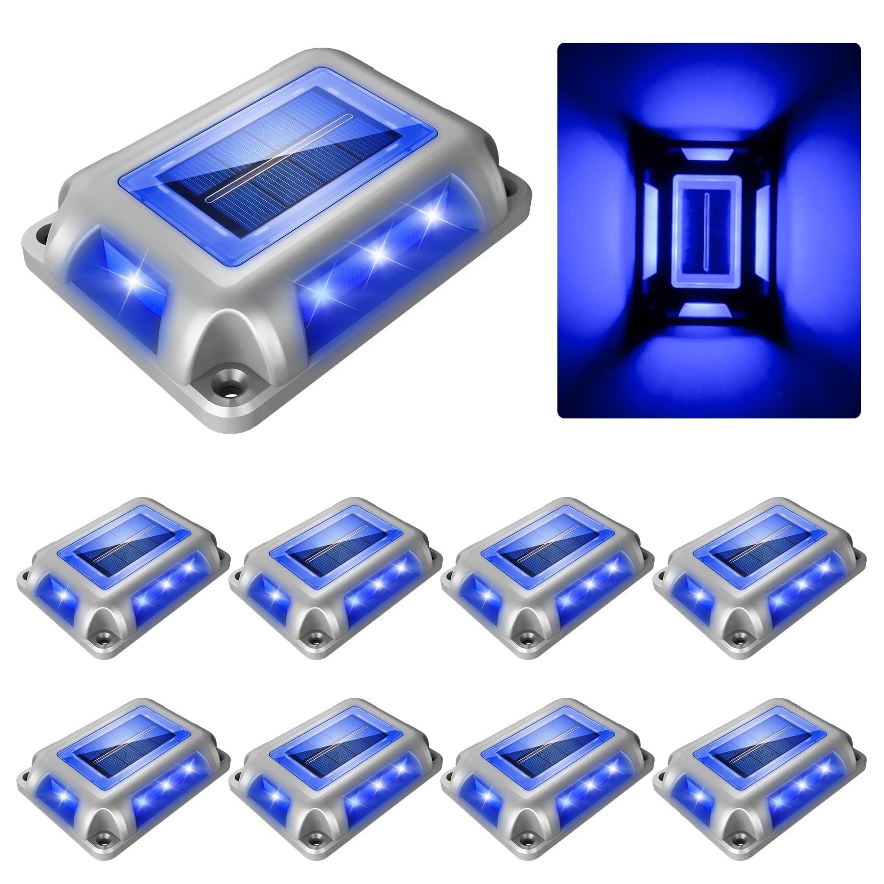 Crepow Solar Deck Lights - 8 Pack Waterproof Led Aluminum Pathway Markers, Blue