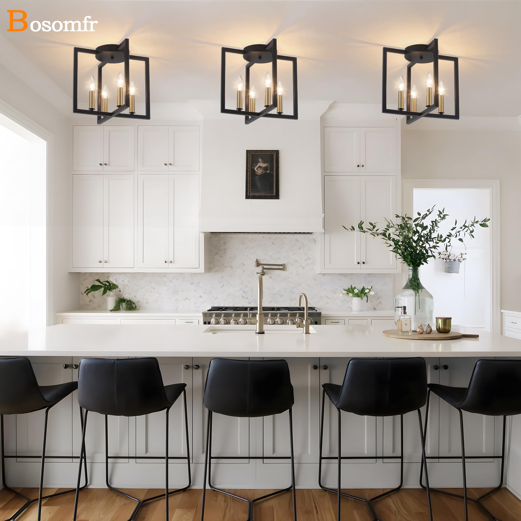 Modern Farmhouse 4-Light Black And Gold Ceiling Light Fixture, Industrial Close To Ceiling Light With Geometric Metal Shade, Per