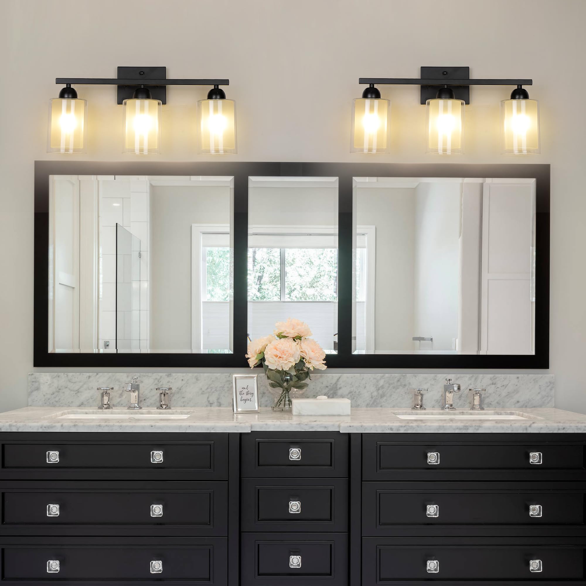 Mecgirn Matte Black Bathroom Vanity Light, 3 Light Fixtures with Milk Glass and Clear Glass Shades, Model B0007-3-Black