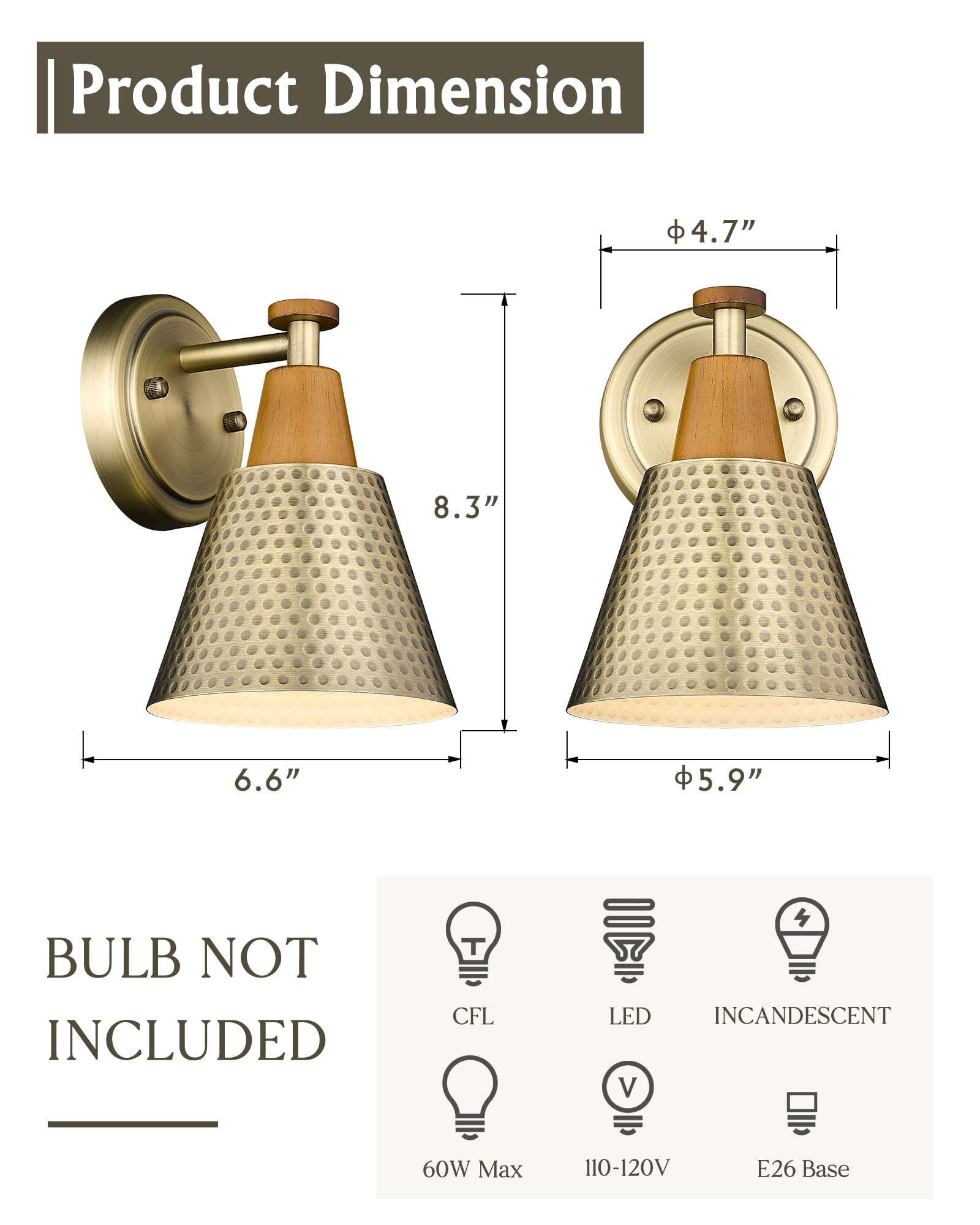 Femila Bathroom Light Fixtures 2 Pack, Antique Brass Vanity Light With Hammered Metal Shade, 2-Lights Bath Wall Mounted Lights W