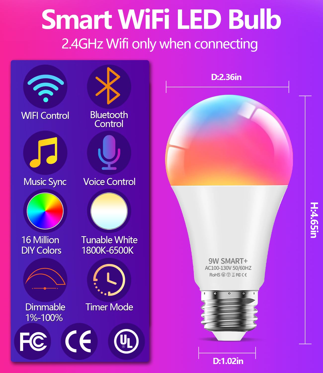 Luckystyle Smart Light Bulbs, 9W A19 E26 800Lm Wifi Bluetooth Led Bulbs Compatible With Alexa, Google Assistant & Home, 16 Milli